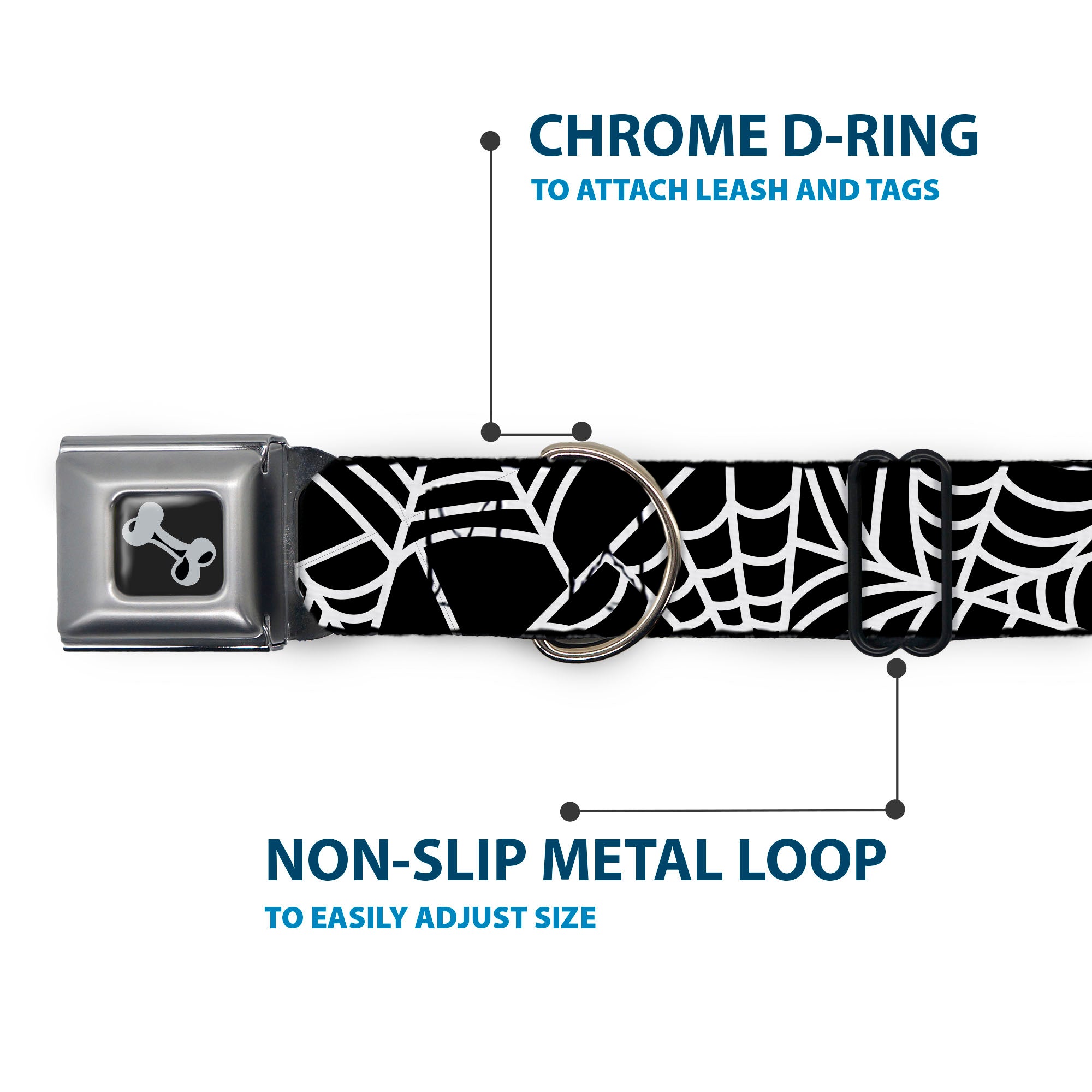 Dog Bone Black/Silver Seatbelt Buckle Collar - Spider Webs Black/White Seatbelt Buckle Collars Buckle-Down