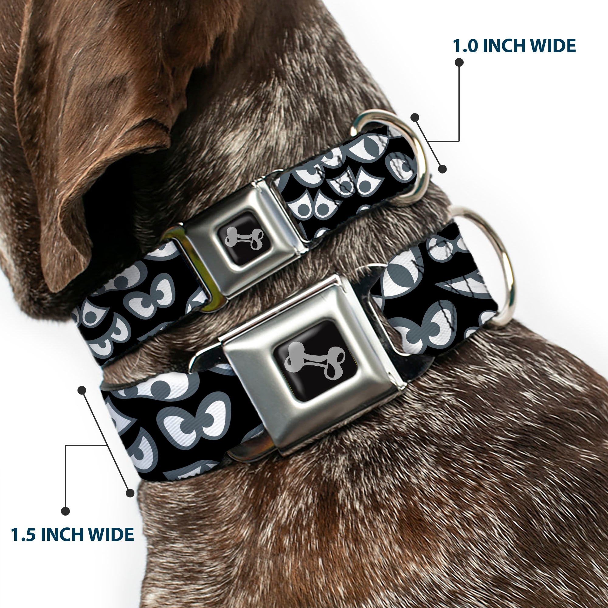 Dog Bone Black/Silver Seatbelt Buckle Collar - Spooky Eyes Scattered Black/Gray/White Seatbelt Buckle Collars Buckle-Down
