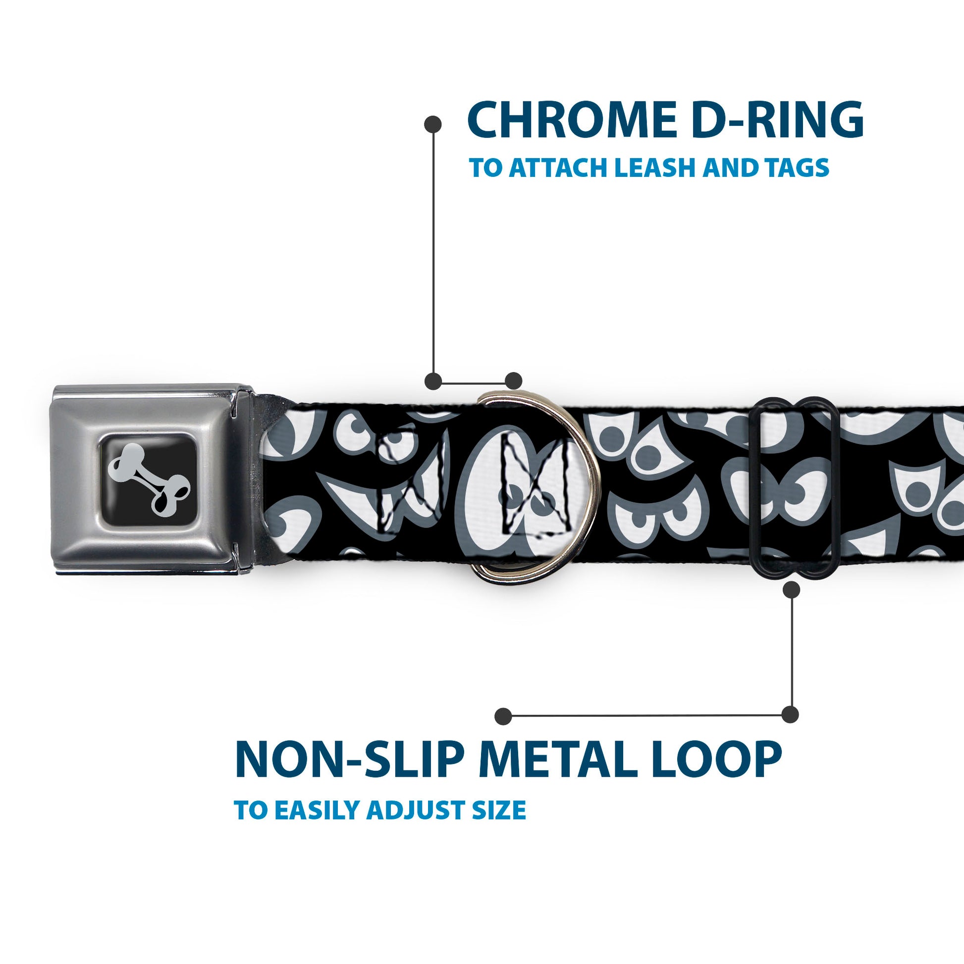 Dog Bone Black/Silver Seatbelt Buckle Collar - Spooky Eyes Scattered Black/Gray/White Seatbelt Buckle Collars Buckle-Down