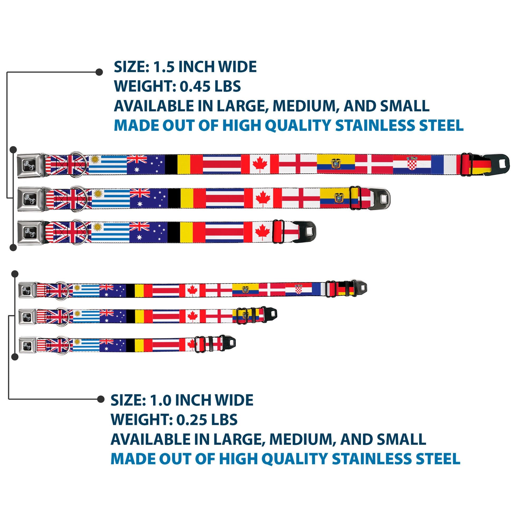 Dog Bone Black/Silver Seatbelt Buckle Collar - Soccer Fan World Cup Team Country Flags Seatbelt Buckle Collars Buckle-Down