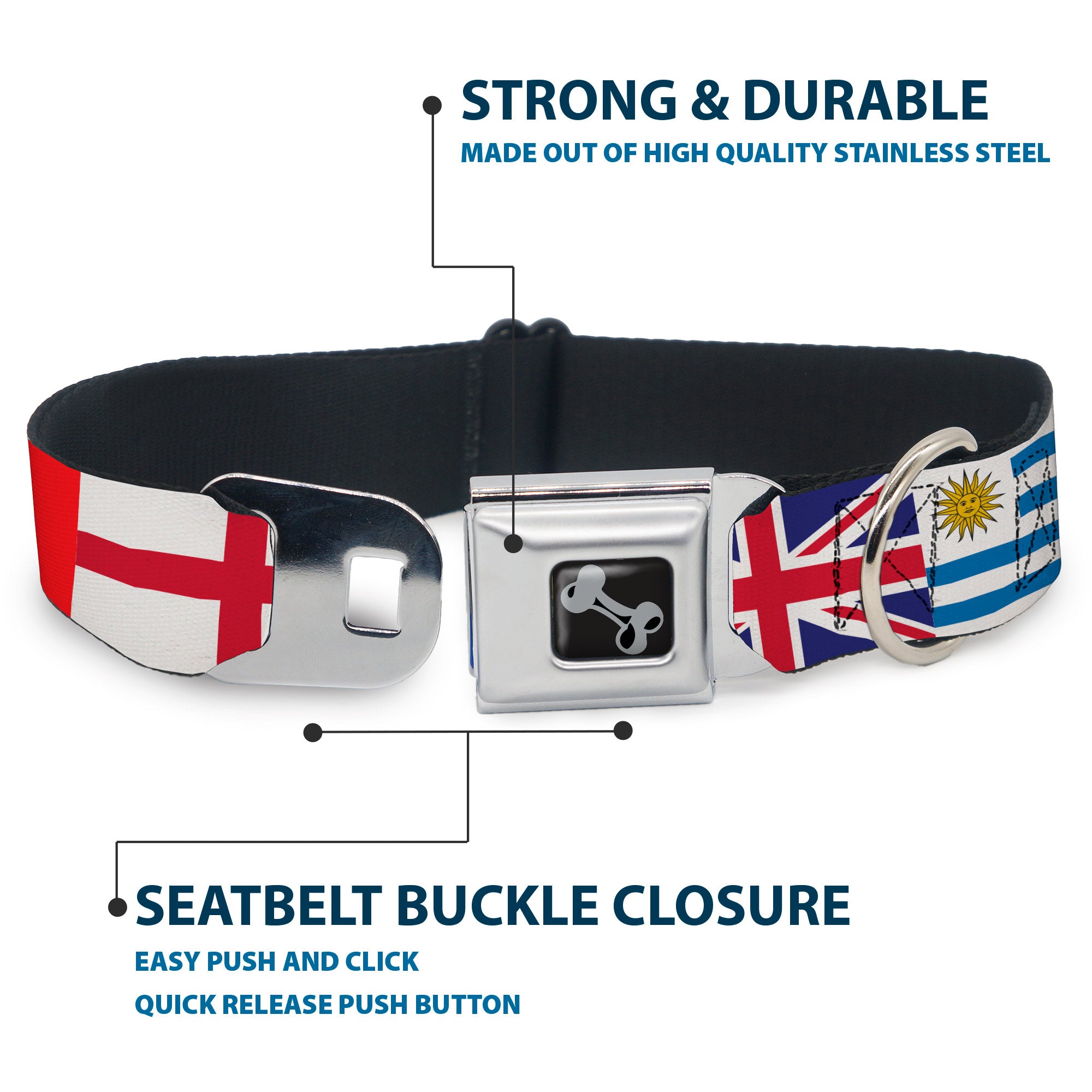 Dog Bone Black/Silver Seatbelt Buckle Collar - Soccer Fan World Cup Team Country Flags Seatbelt Buckle Collars Buckle-Down