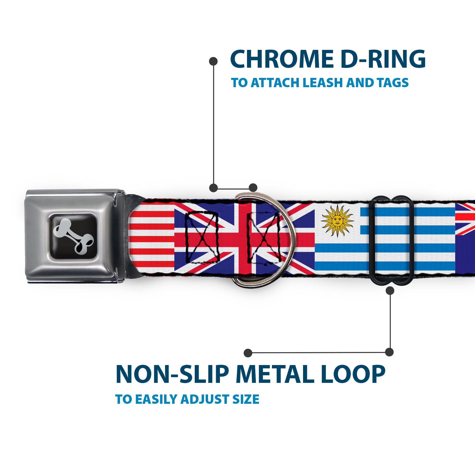 Dog Bone Black/Silver Seatbelt Buckle Collar - Soccer Fan World Cup Team Country Flags Seatbelt Buckle Collars Buckle-Down