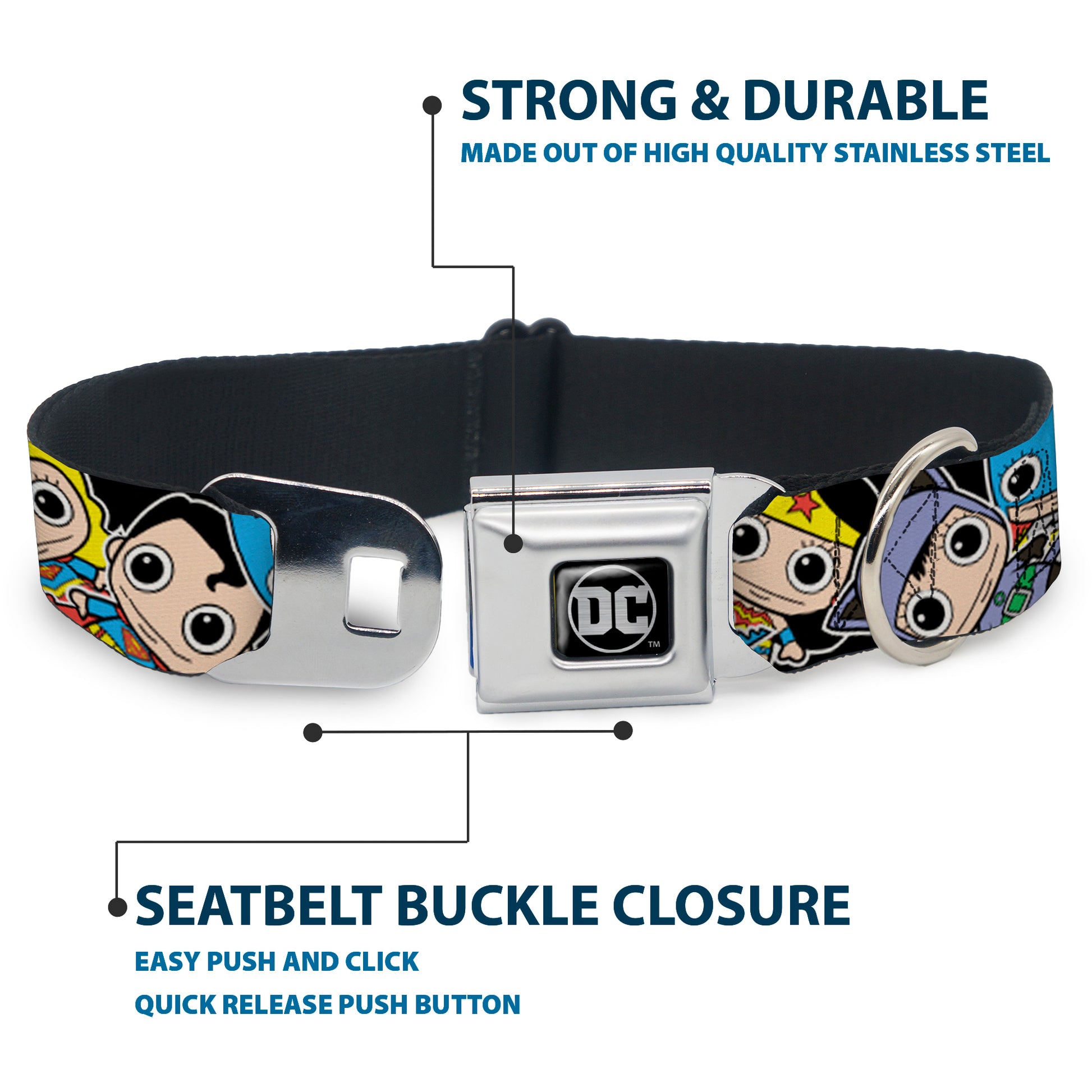 DC Round Logo Black/Silver Seatbelt Buckle Collar - DC Mini Group Stacked Black Seatbelt Buckle Collars DC Comics