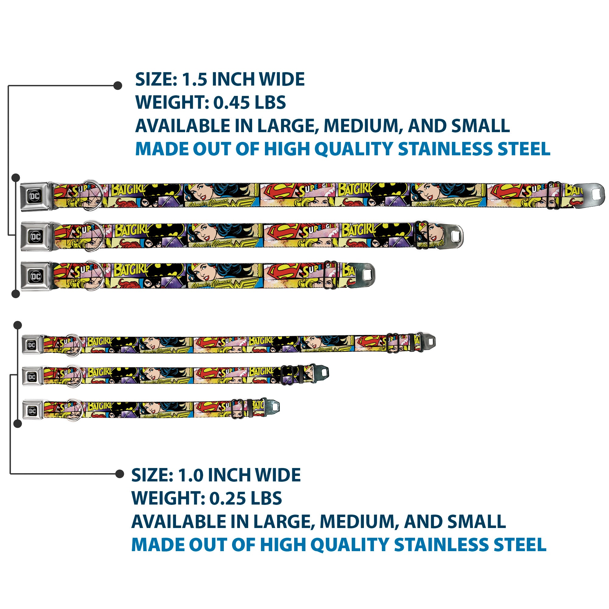 DC Round Logo Black/Silver Seatbelt Buckle Collar - Superheroines Wonder Woman/Supergirl/Batgirl Seatbelt Buckle Collars DC Comics