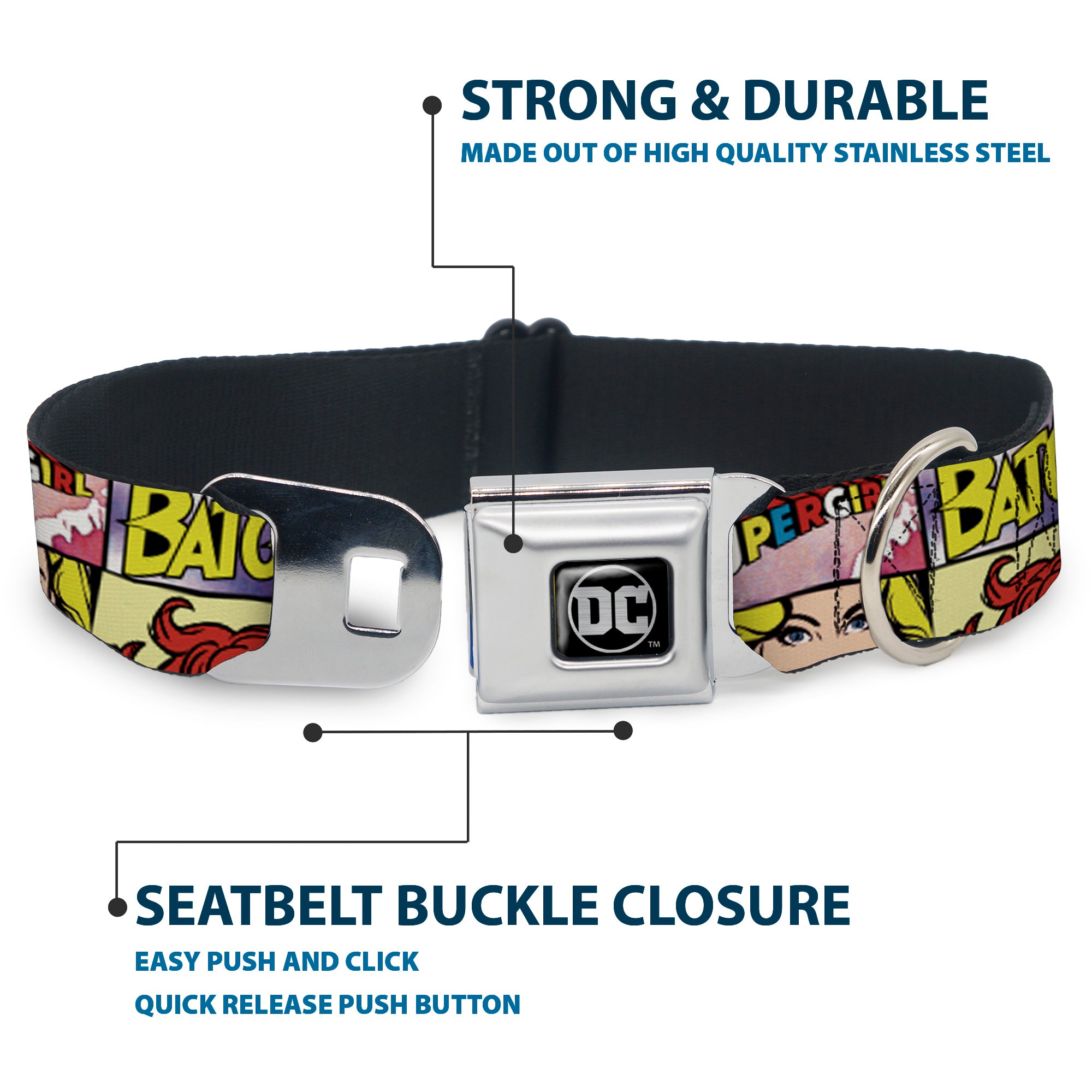 DC Round Logo Black/Silver Seatbelt Buckle Collar - Superheroines Wonder Woman/Supergirl/Batgirl Seatbelt Buckle Collars DC Comics