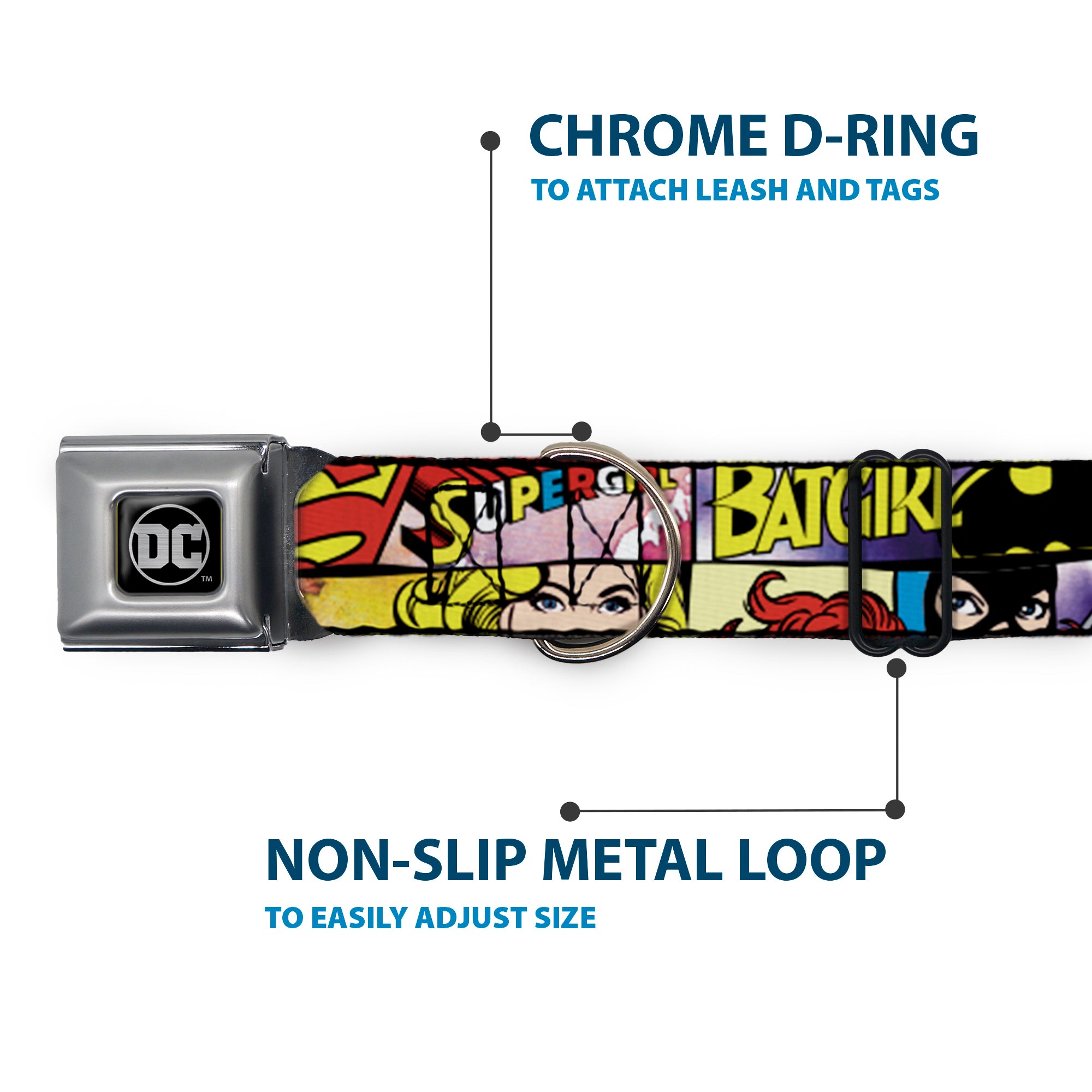 DC Round Logo Black/Silver Seatbelt Buckle Collar - Superheroines Wonder Woman/Supergirl/Batgirl Seatbelt Buckle Collars DC Comics