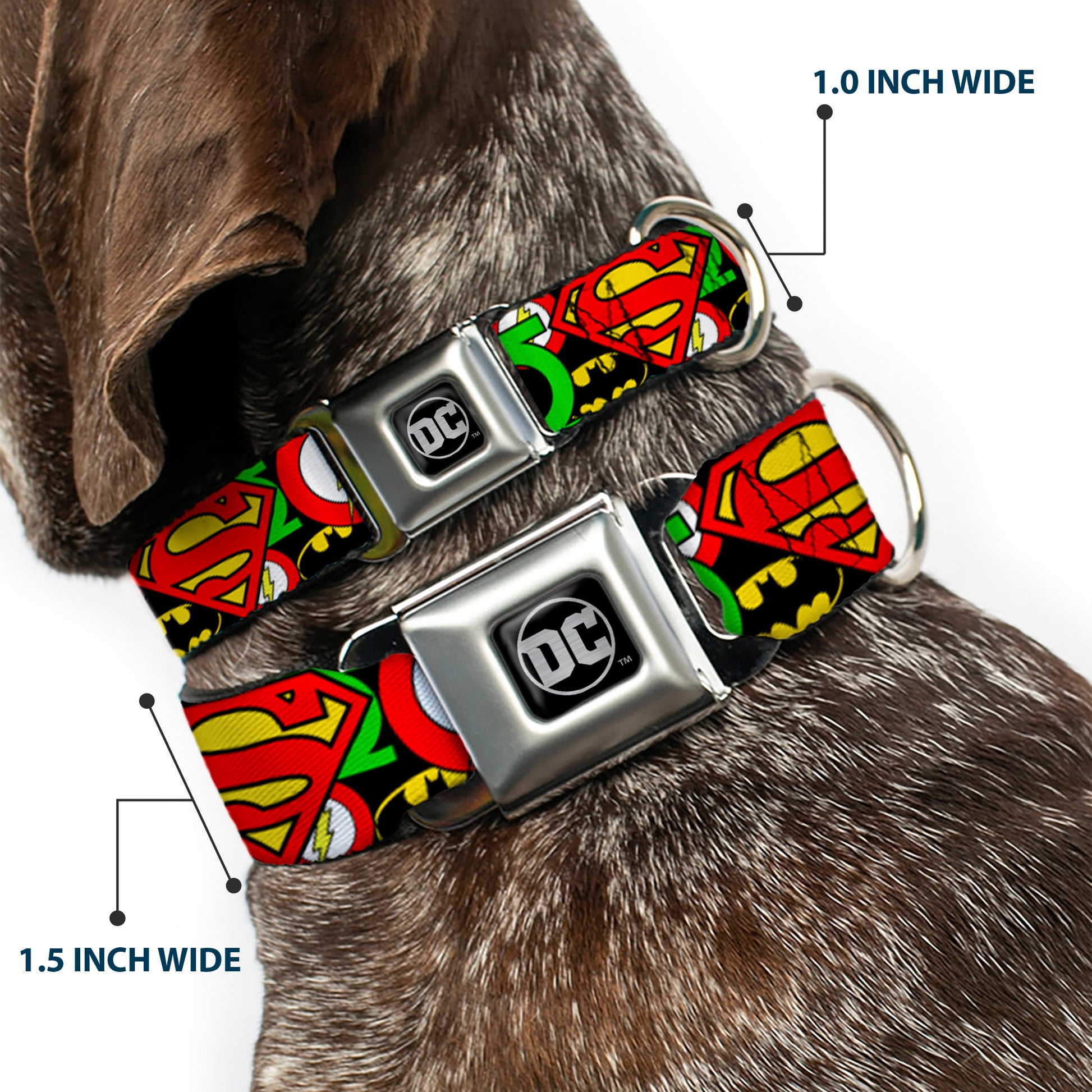DC Round Logo Black/Silver Seatbelt Buckle Collar - Justice League Stacked Logos Seatbelt Buckle Collars DC Comics