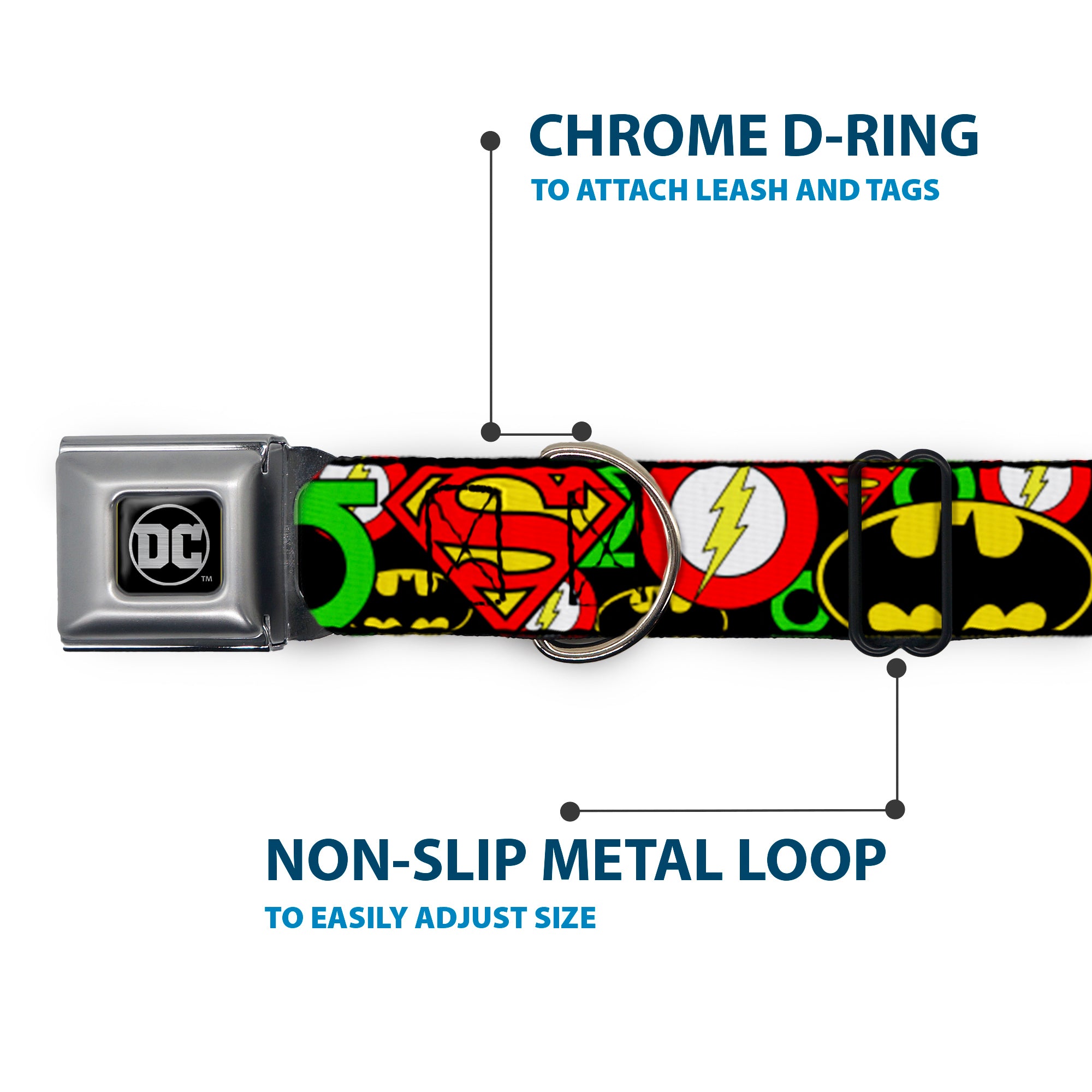 DC Round Logo Black/Silver Seatbelt Buckle Collar - Justice League Stacked Logos Seatbelt Buckle Collars DC Comics