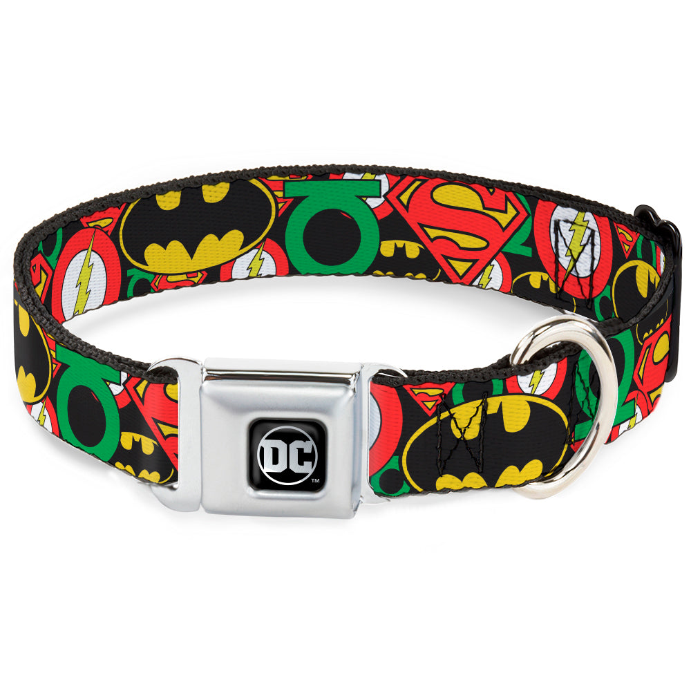 DC Round Logo Black/Silver Seatbelt Buckle Collar - Justice League Stacked Logos Seatbelt Buckle Collars DC Comics