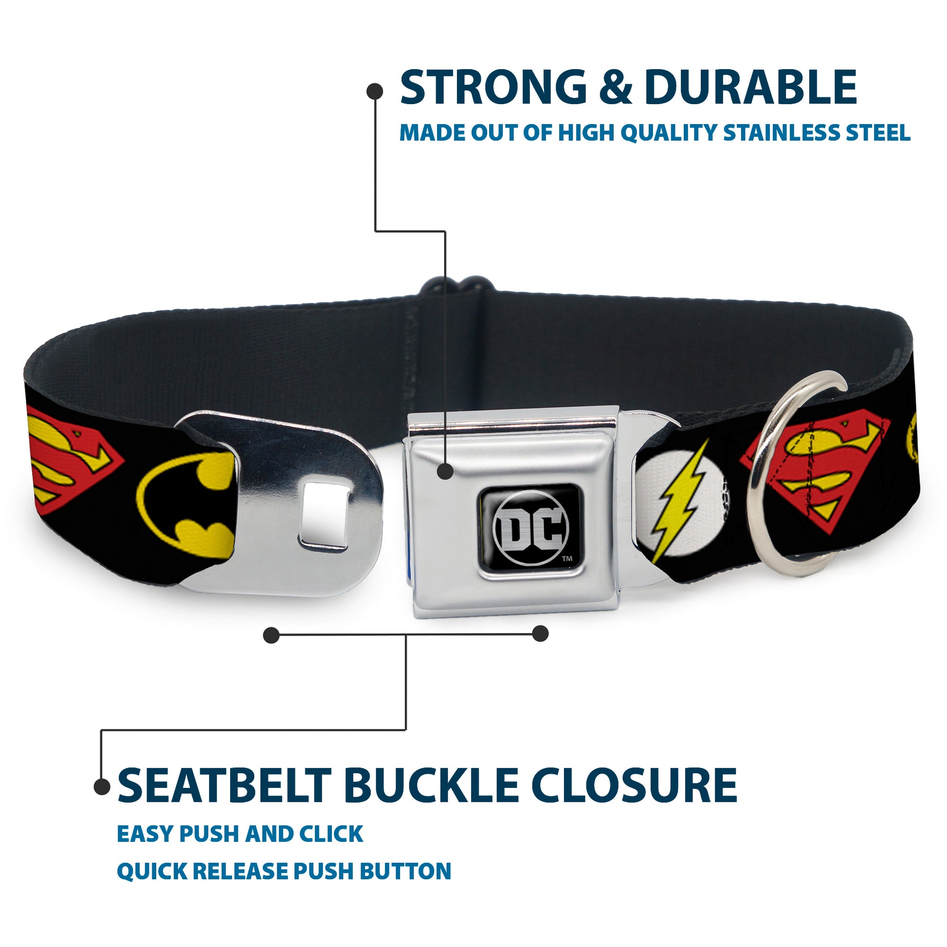 DC Round Logo Black/Silver Seatbelt Buckle Collar - Justice League Superhero Logos Seatbelt Buckle Collars DC Comics