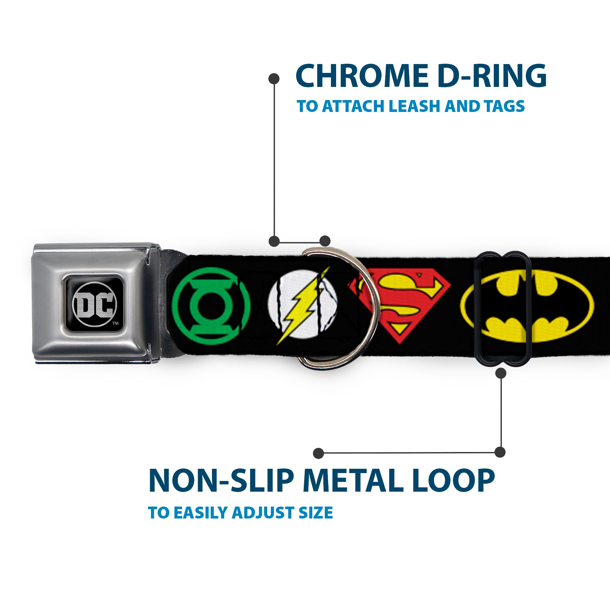 DC Round Logo Black/Silver Seatbelt Buckle Collar - Justice League Superhero Logos Seatbelt Buckle Collars DC Comics