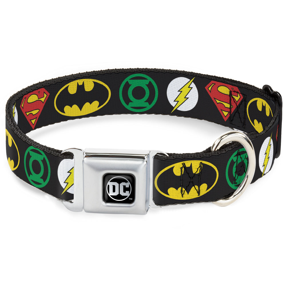 DC Round Logo Black/Silver Seatbelt Buckle Collar - Justice League Superhero Logos Seatbelt Buckle Collars DC Comics