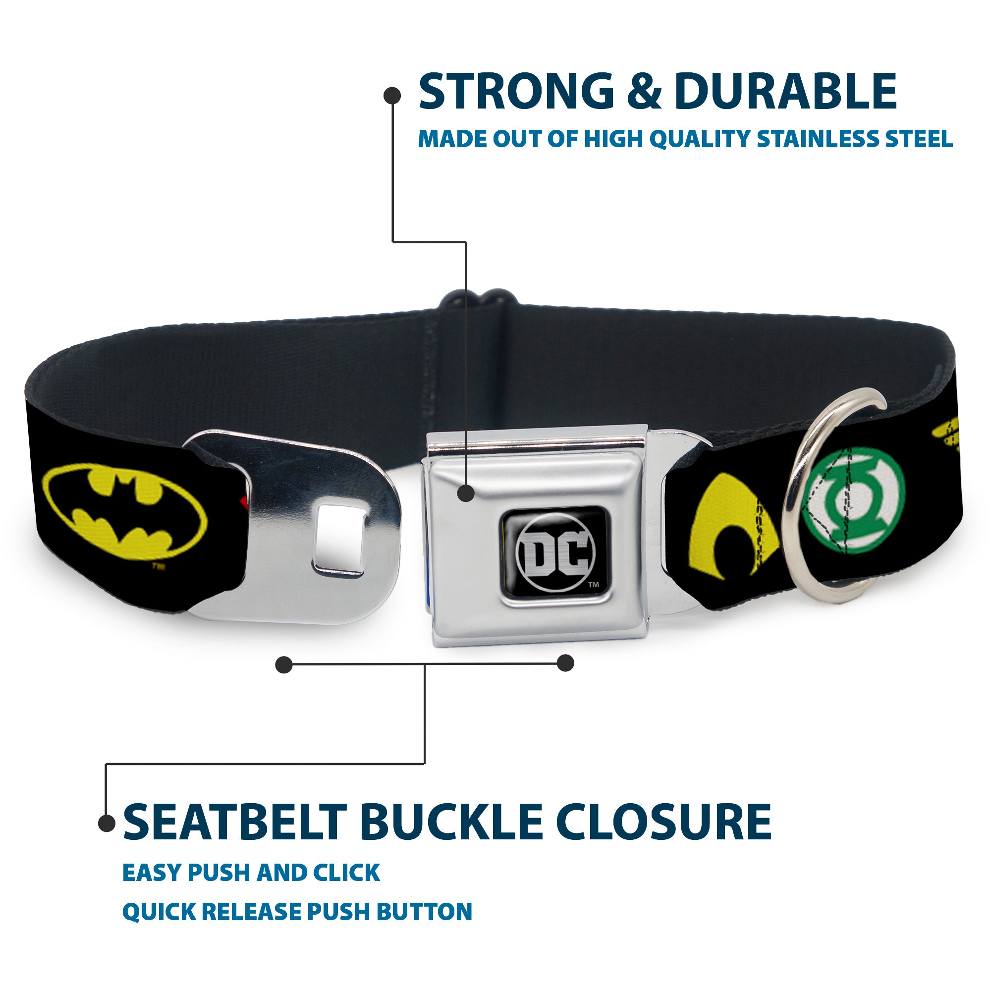 DC Round Logo Black/Silver Seatbelt Buckle Collar - Justice League 6-Superhero Logos Black Seatbelt Buckle Collars DC Comics