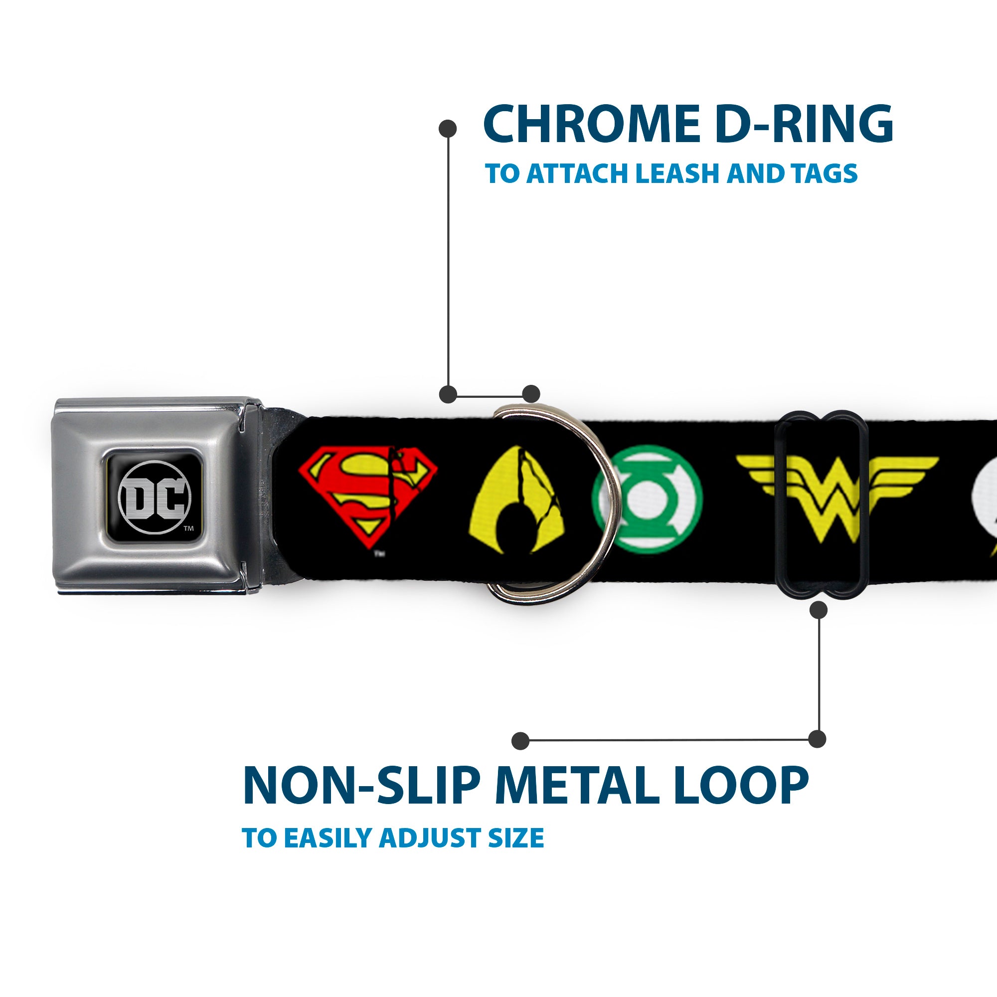 DC Round Logo Black/Silver Seatbelt Buckle Collar - Justice League 6-Superhero Logos Black Seatbelt Buckle Collars DC Comics