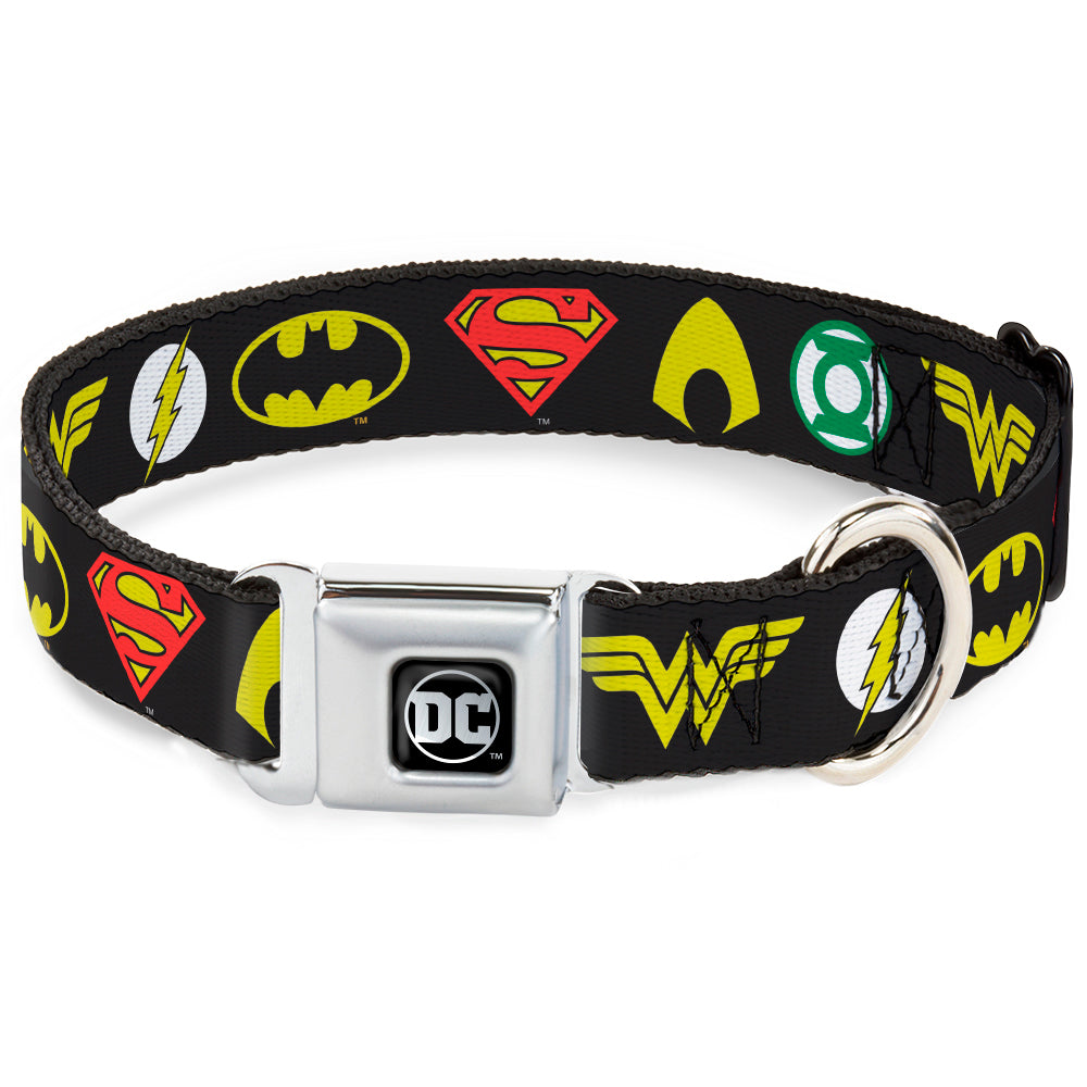 DC Round Logo Black/Silver Seatbelt Buckle Collar - Justice League 6-Superhero Logos Black Seatbelt Buckle Collars DC Comics