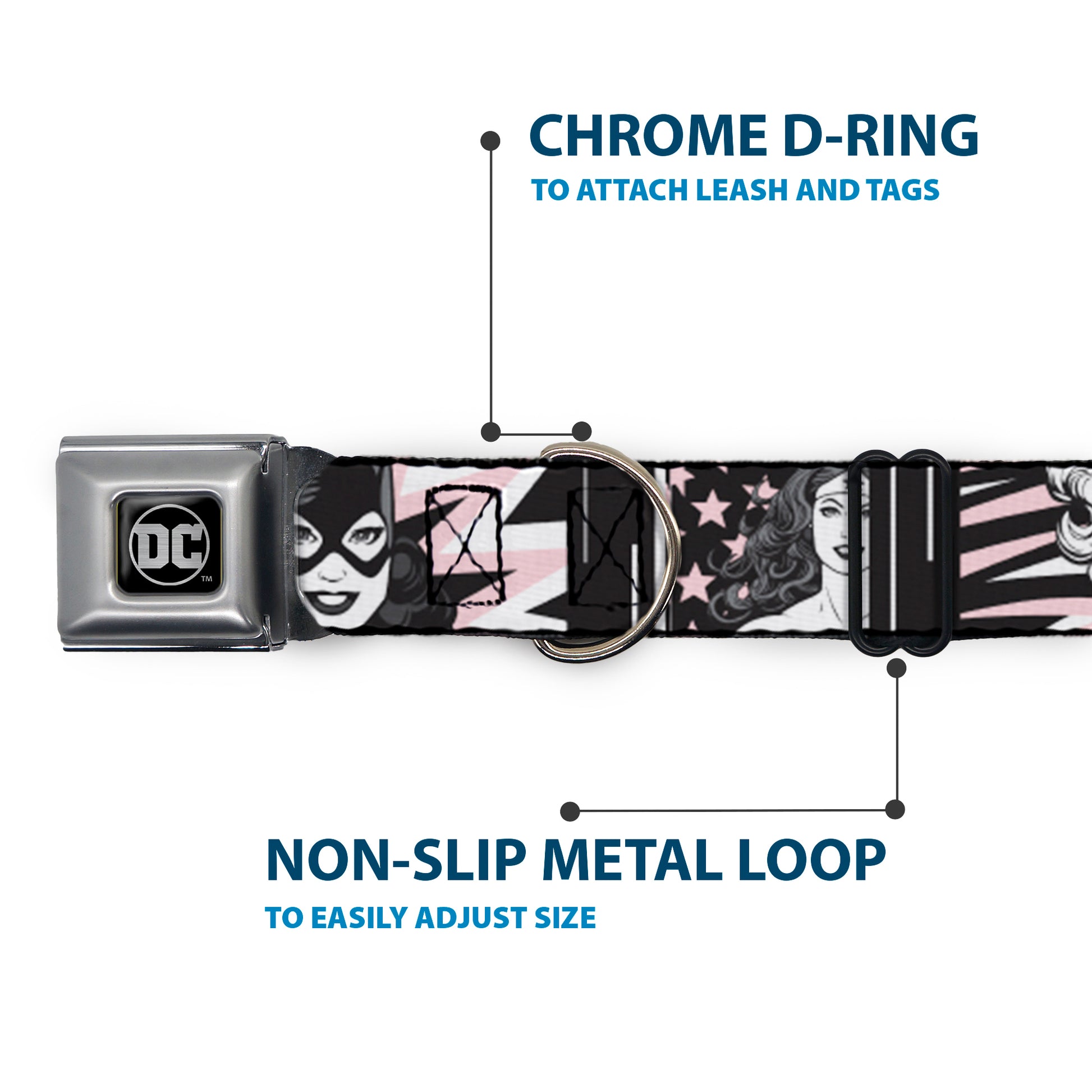 DC Round Logo Black/Silver Seatbelt Buckle Collar - Batgirl/Wonder Woman/Supergirl Retro Panels Black/Pink/White Seatbelt Buckle Collars DC Comics