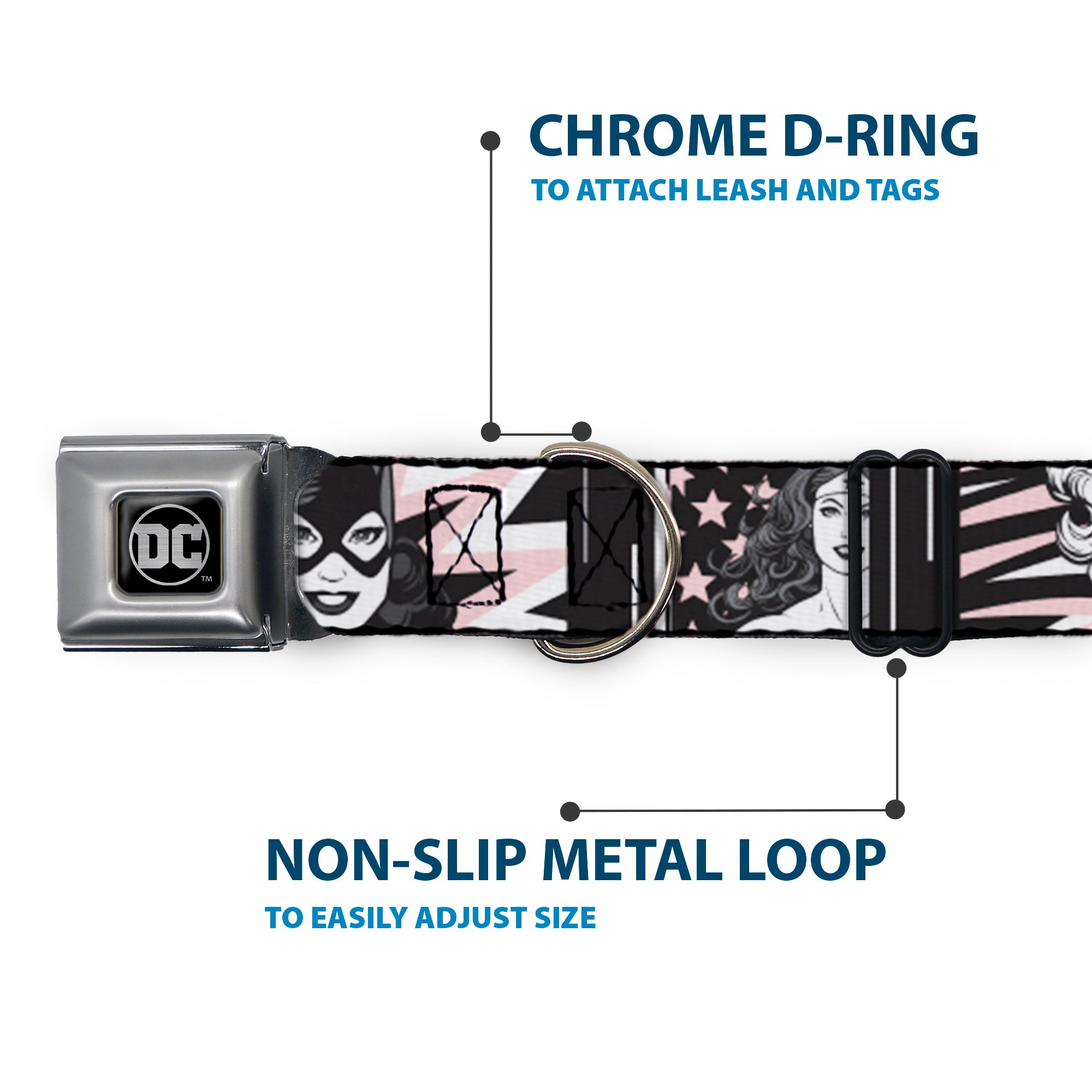 DC Round Logo Black/Silver Seatbelt Buckle Collar - Batgirl/Wonder Woman/Supergirl Retro Panels Black/Pink/White Seatbelt Buckle Collars DC Comics