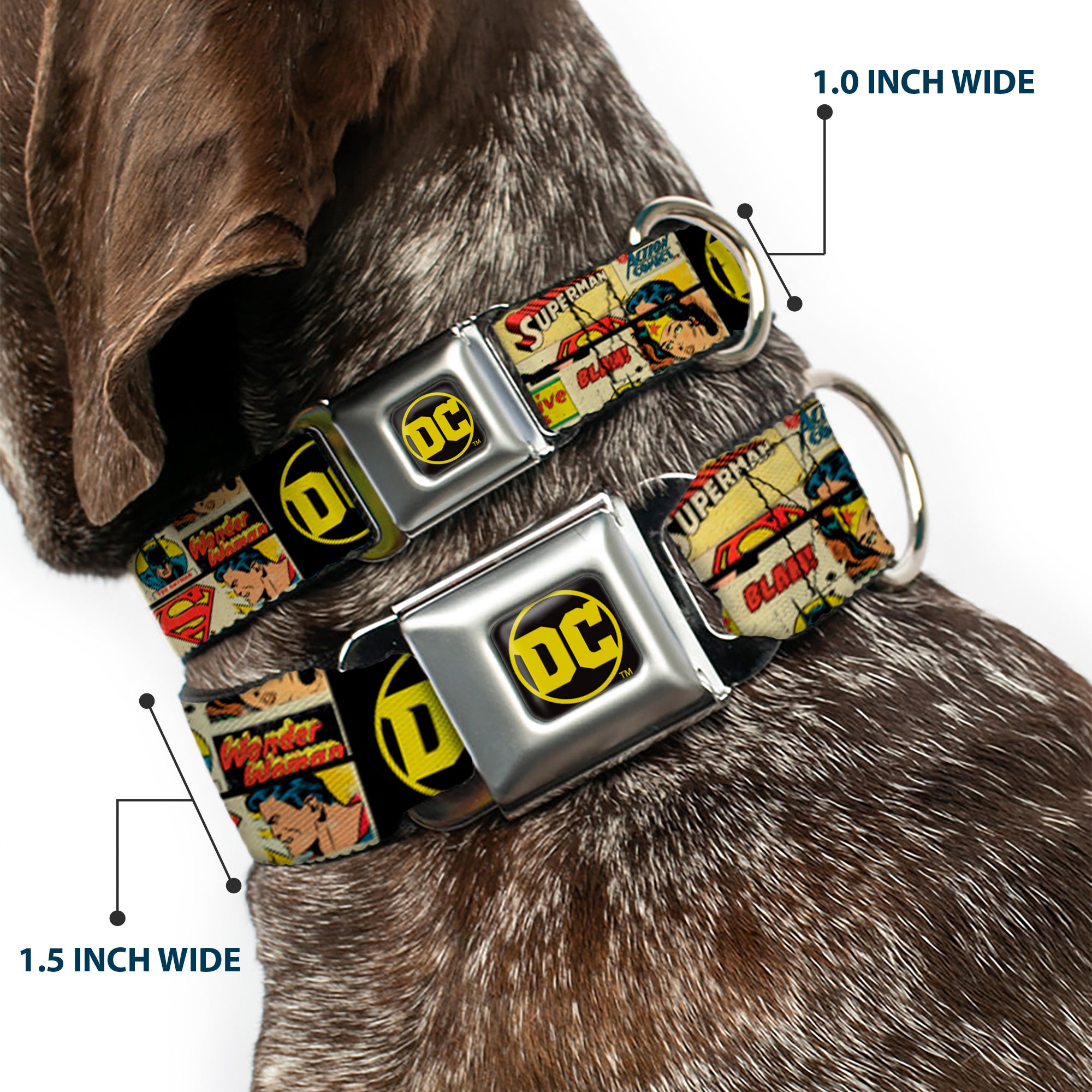 Vintage DC Comics Logo Full Color Black/Yellow Seatbelt Buckle Collar - Vintage DC Comics Superhero and Logos Collage Black Seatbelt Buckle Collars DC Comics