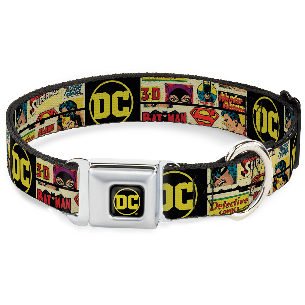 Vintage DC Comics Logo Full Color Black/Yellow Seatbelt Buckle Collar - Vintage DC Comics Superhero and Logos Collage Black Seatbelt Buckle Collars DC Comics