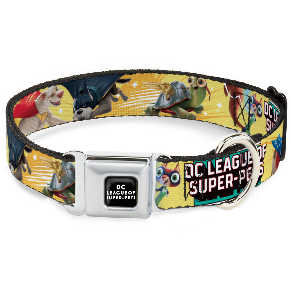 DC LEAGUE OF SUPER-PETS Logo Full Color Black/White Seatbelt Buckle Collar - DC LEAGUE OF SUPER-PETS 6-Superhero Pet Poses Collage Yellows Seatbelt Buckle Collars DC Comics