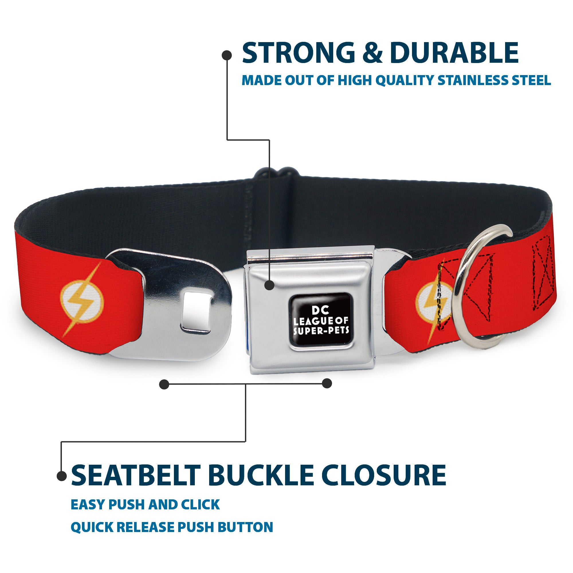 DC LEAGUE OF SUPER-PETS Logo Full Color Black/White Seatbelt Buckle Collar - DC League of Super-Pets Flash Bolt Logo Red/Yellow/White Seatbelt Buckle Collars DC Comics