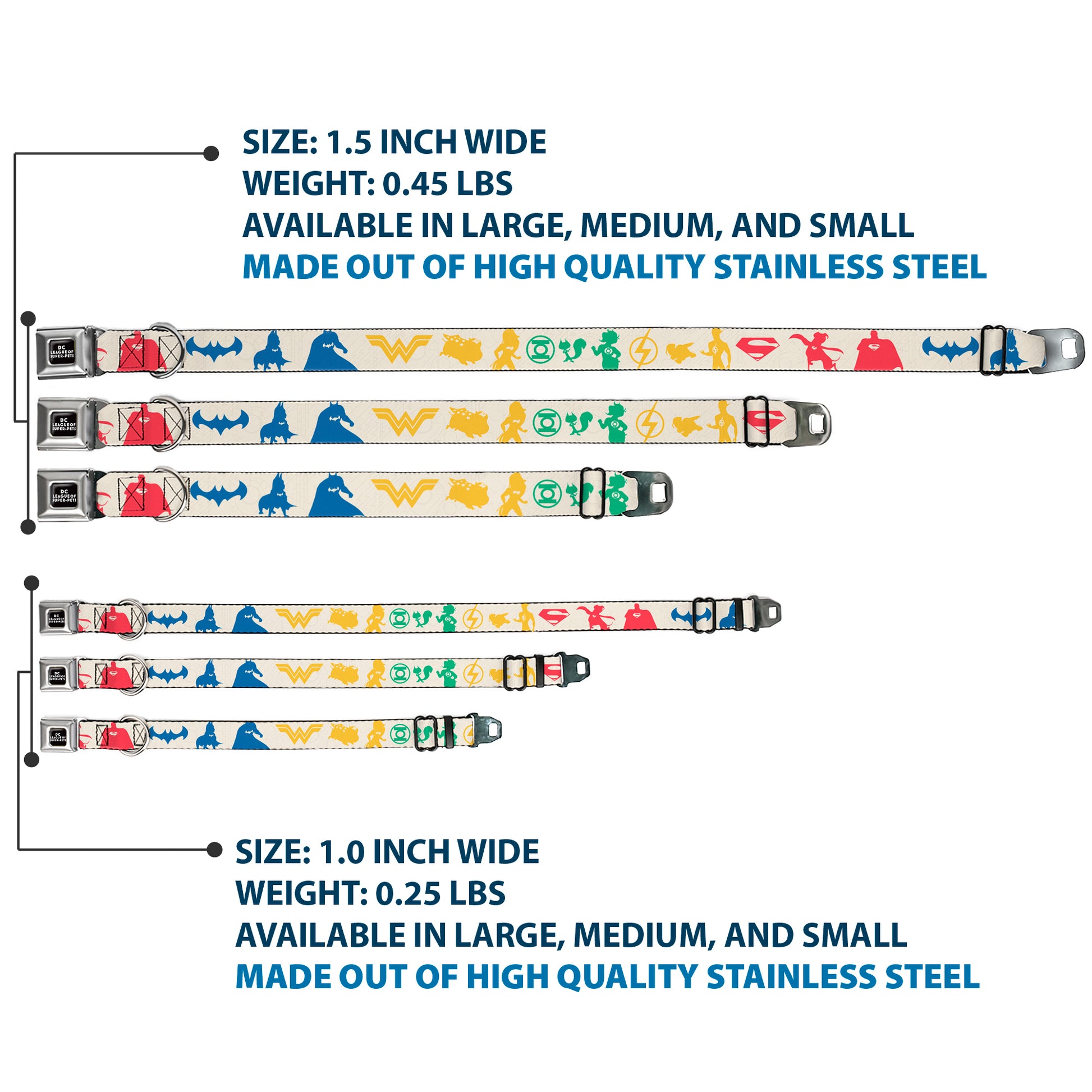DC LEAGUE OF SUPER-PETS Logo Full Color Black/White Seatbelt Buckle Collar - DC League of Super-Pets Superhero with Pets and Logos Silhouette White/Multi Color Seatbelt Buckle Collars DC Comics