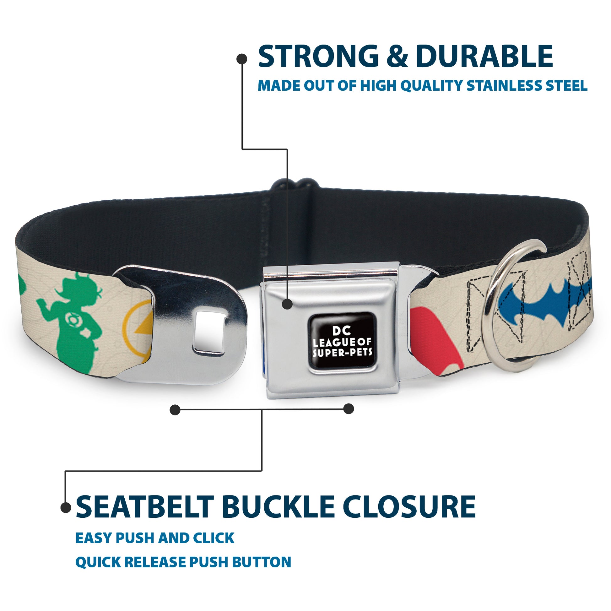 DC LEAGUE OF SUPER-PETS Logo Full Color Black/White Seatbelt Buckle Collar - DC League of Super-Pets Superhero with Pets and Logos Silhouette White/Multi Color Seatbelt Buckle Collars DC Comics