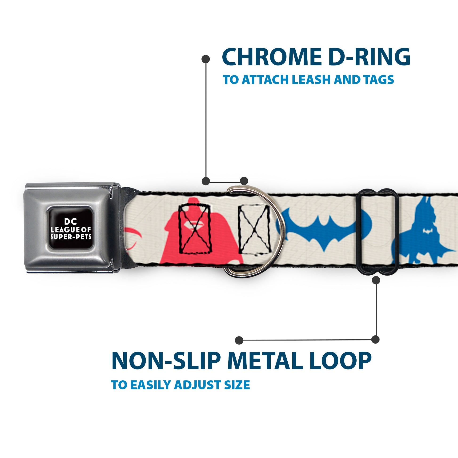 DC LEAGUE OF SUPER-PETS Logo Full Color Black/White Seatbelt Buckle Collar - DC League of Super-Pets Superhero with Pets and Logos Silhouette White/Multi Color Seatbelt Buckle Collars DC Comics