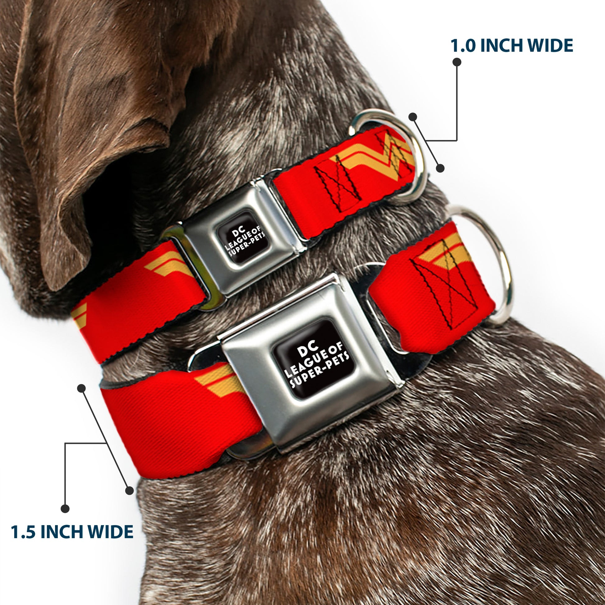 DC LEAGUE OF SUPER-PETS Logo Full Color Black/White Seatbelt Buckle Collar - DC League of Super-Pets Wonder Woman Logo Red/Yellow Seatbelt Buckle Collars DC Comics