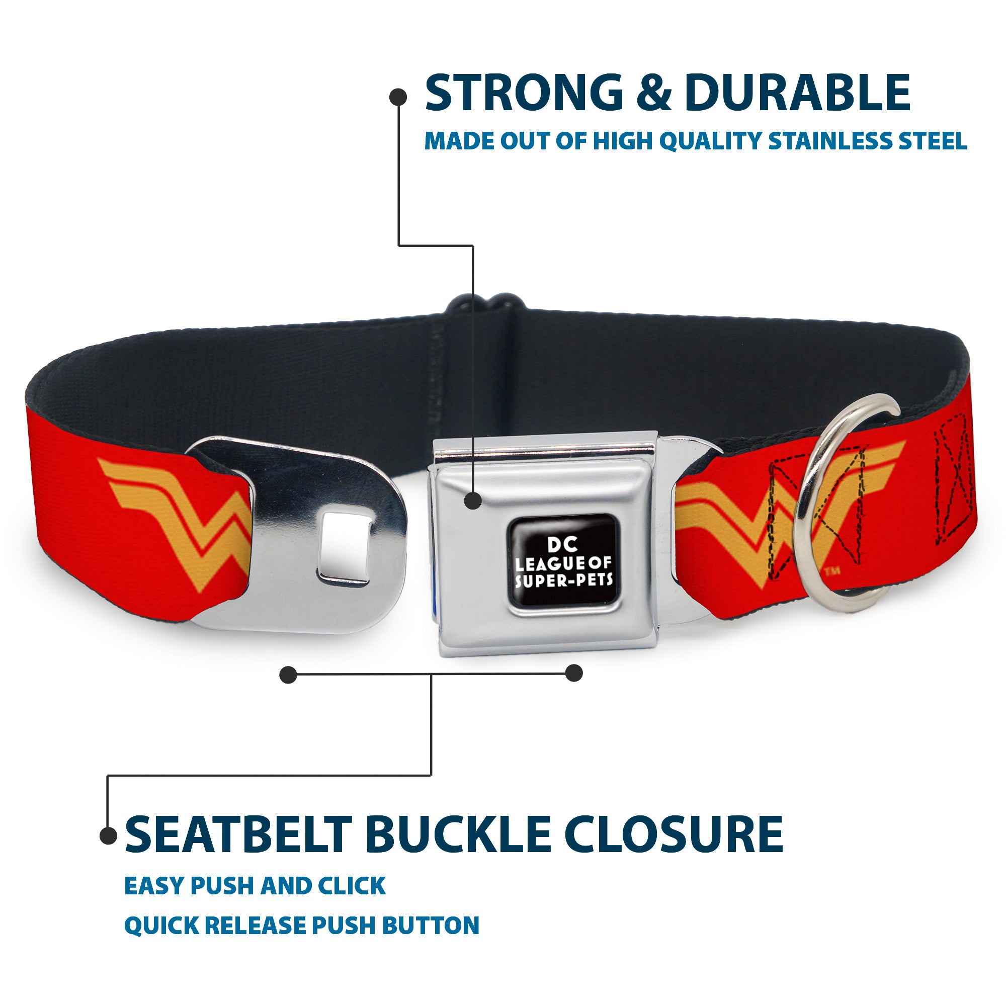 DC LEAGUE OF SUPER-PETS Logo Full Color Black/White Seatbelt Buckle Collar - DC League of Super-Pets Wonder Woman Logo Red/Yellow Seatbelt Buckle Collars DC Comics