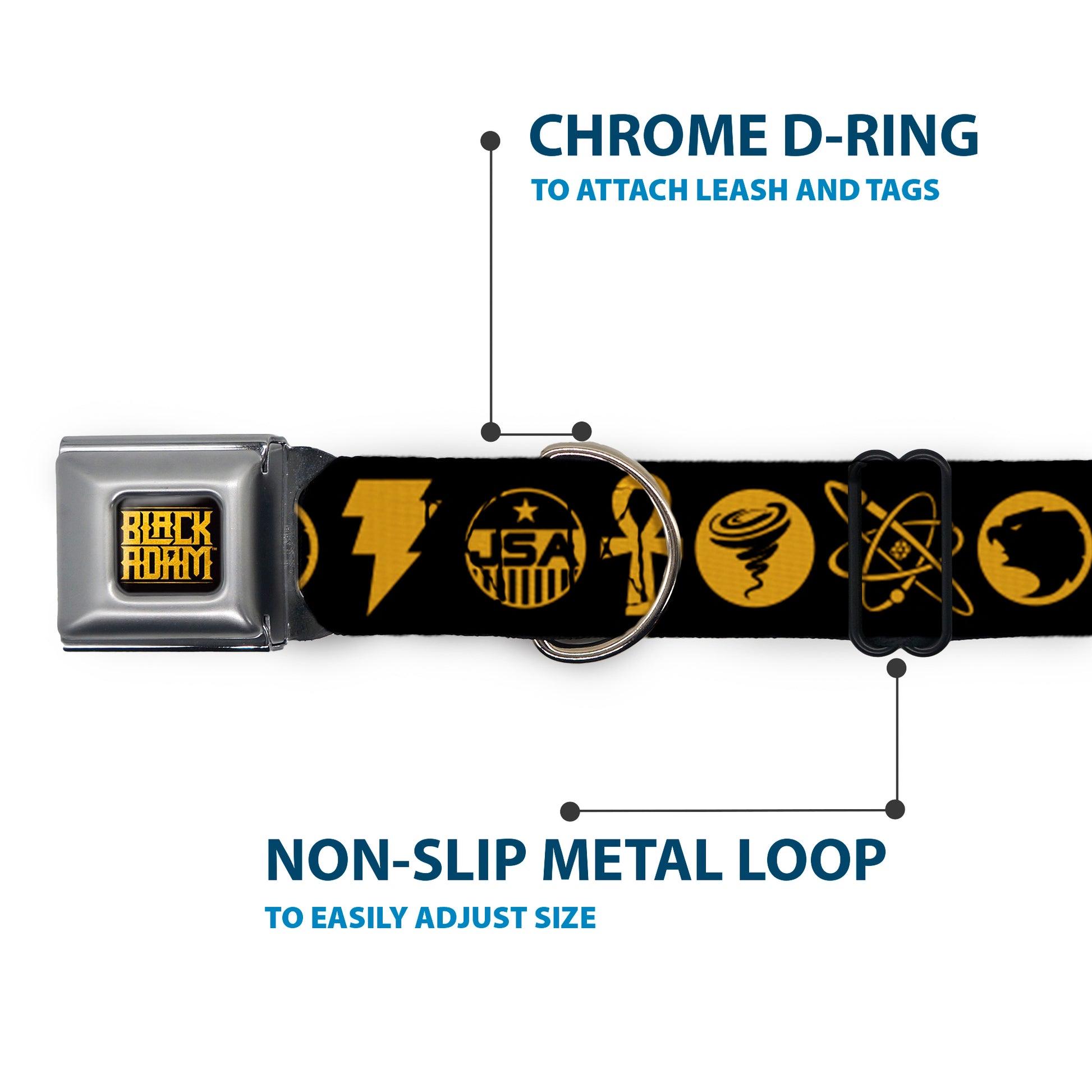 BLACK ADAM Title Logo Full Color Black/Yellows Seatbelt Buckle Collar - Black Adam Justice Society Icons Black/Orange Seatbelt Buckle Collars DC Comics
