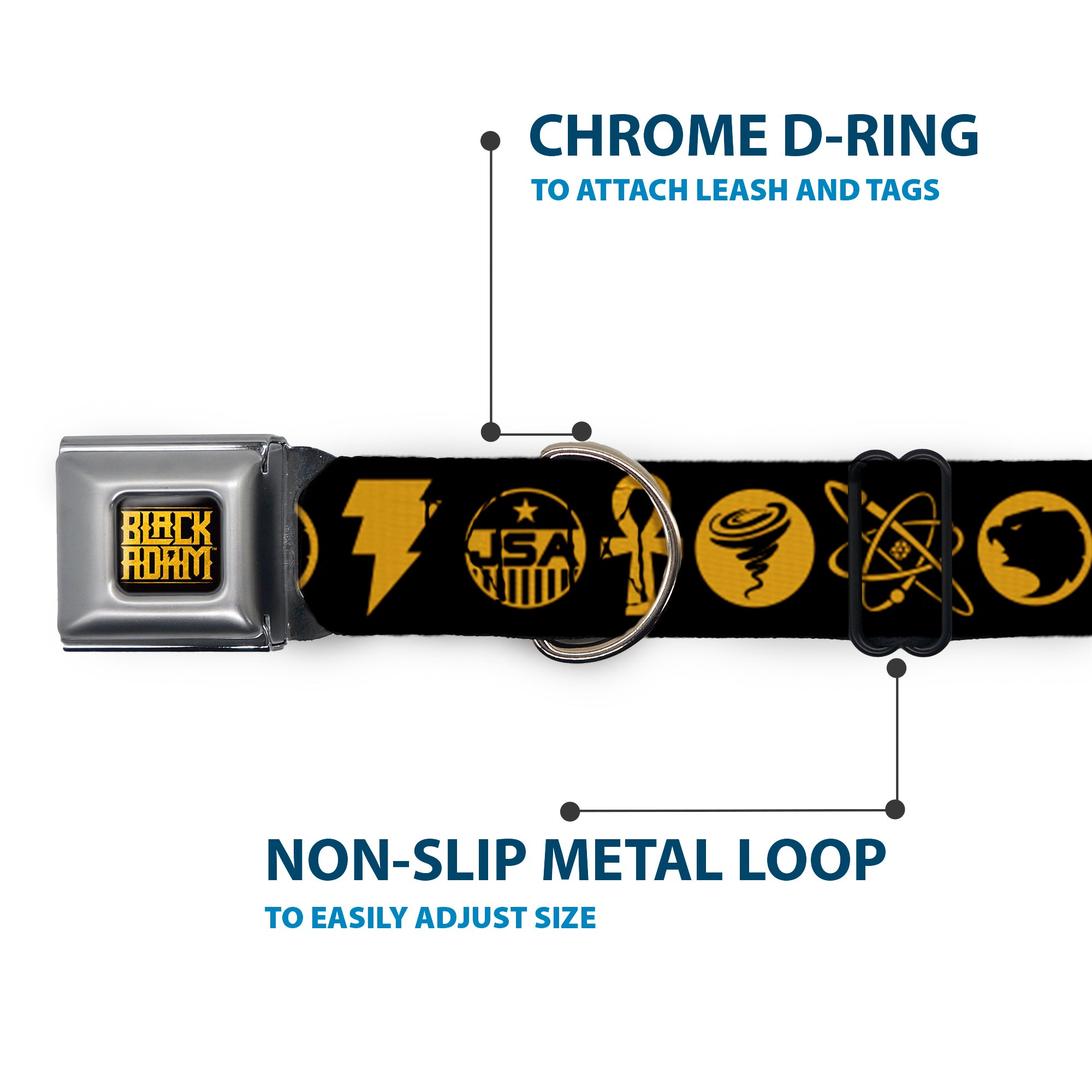 BLACK ADAM Title Logo Full Color Black/Yellows Seatbelt Buckle Collar - Black Adam Justice Society Icons Black/Orange Seatbelt Buckle Collars DC Comics