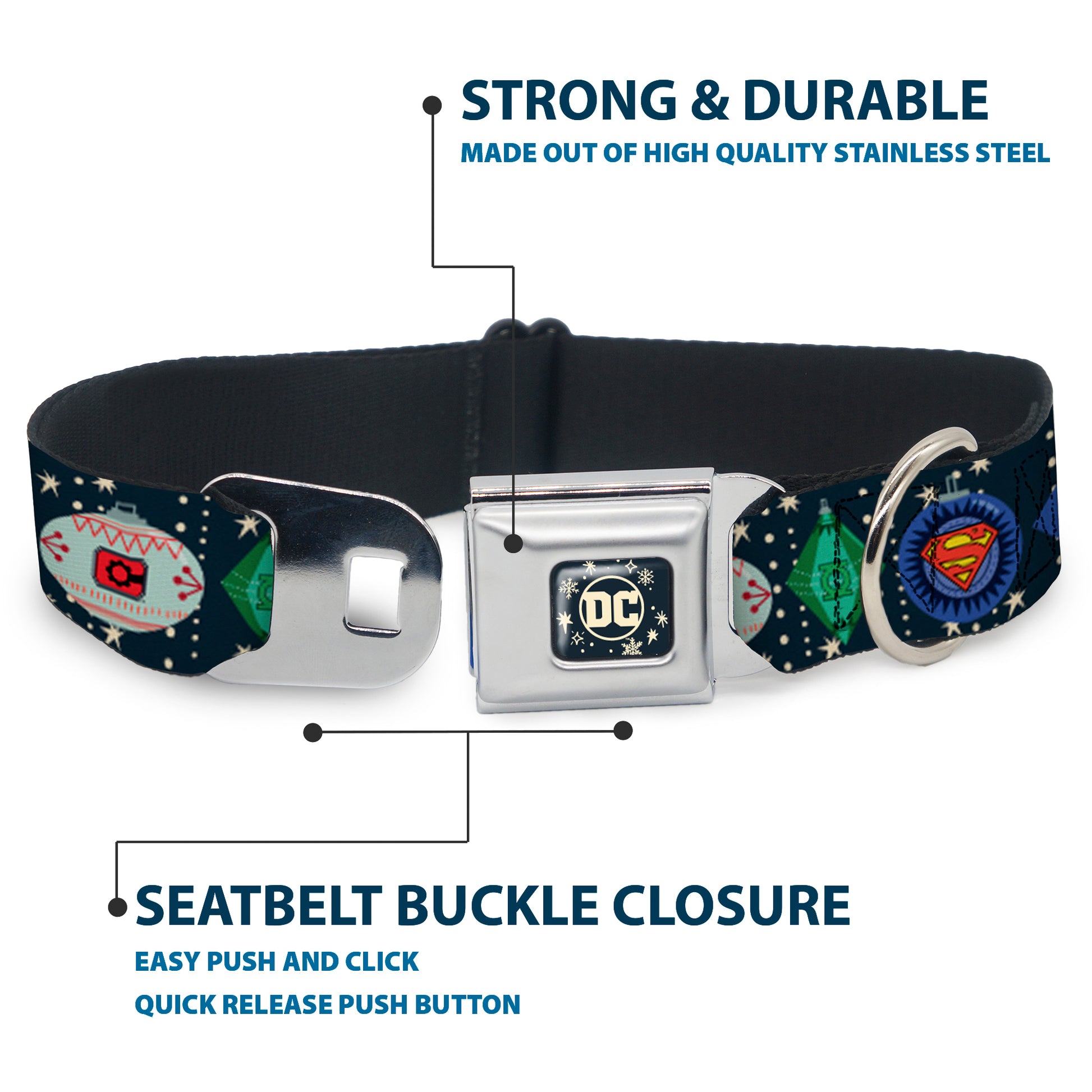 DC Comics Holiday Logo Full Color Black/White Seatbelt Buckle Collar - DC Comics Justice League Holiday Ornament Icons and Stars Seatbelt Buckle Collars DC Comics