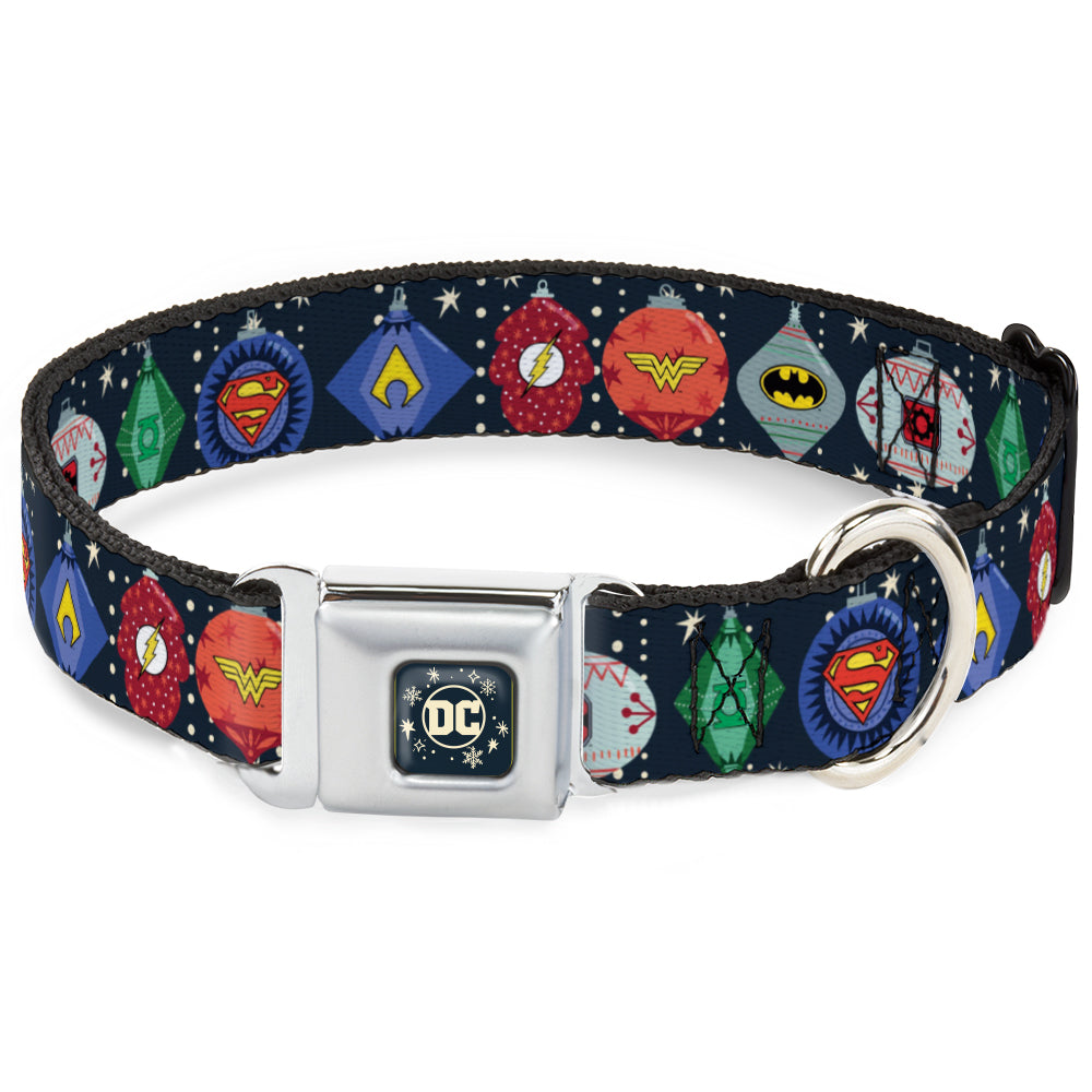 DC Comics Holiday Logo Full Color Black/White Seatbelt Buckle Collar - DC Comics Justice League Holiday Ornament Icons and Stars Seatbelt Buckle Collars DC Comics