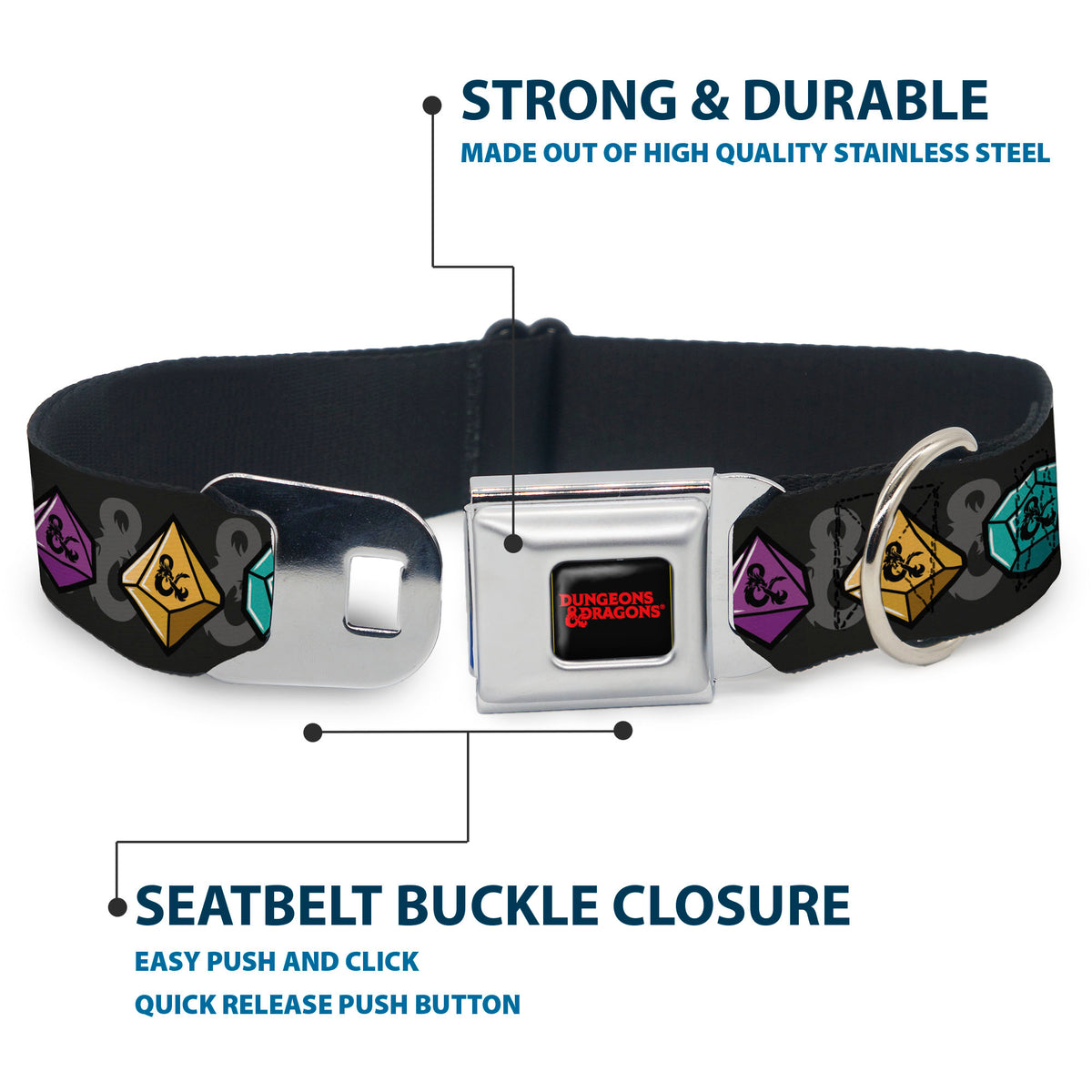 DUNGEONS & DRAGONS Text Logo Full Color Black/Red Seatbelt Buckle Collar - Dungeons & Dragons Dice and Ampersand Logo Dark Gray/Multi Color Dog Collars Seatbelt Buckle Dungeons & Dragons