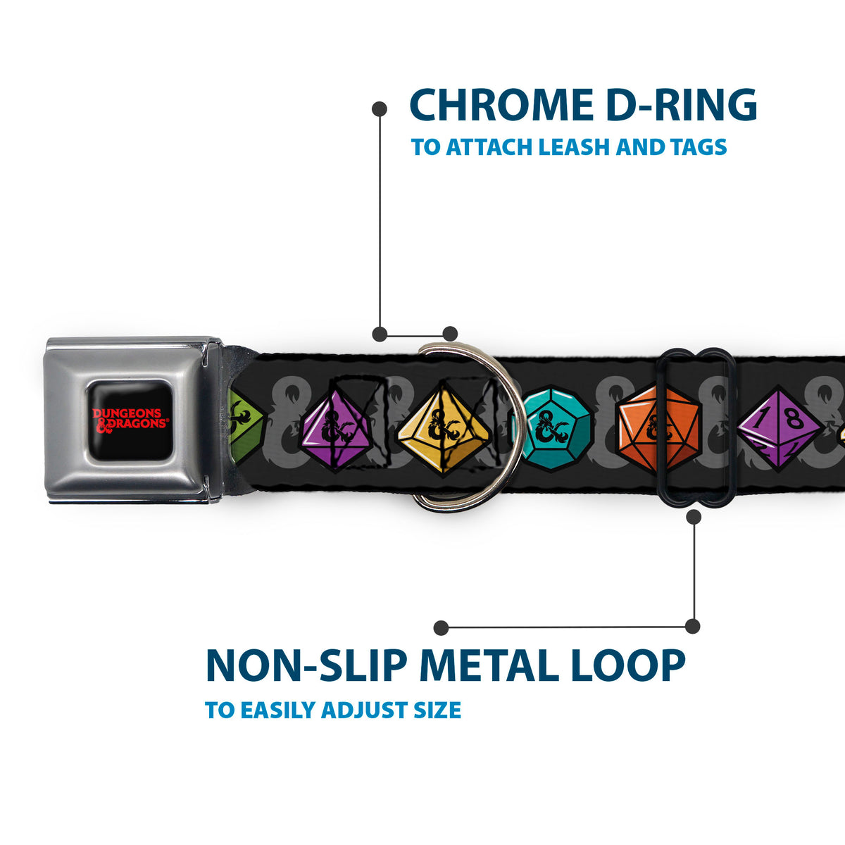 DUNGEONS & DRAGONS Text Logo Full Color Black/Red Seatbelt Buckle Collar - Dungeons & Dragons Dice and Ampersand Logo Dark Gray/Multi Color Dog Collars Seatbelt Buckle Dungeons & Dragons