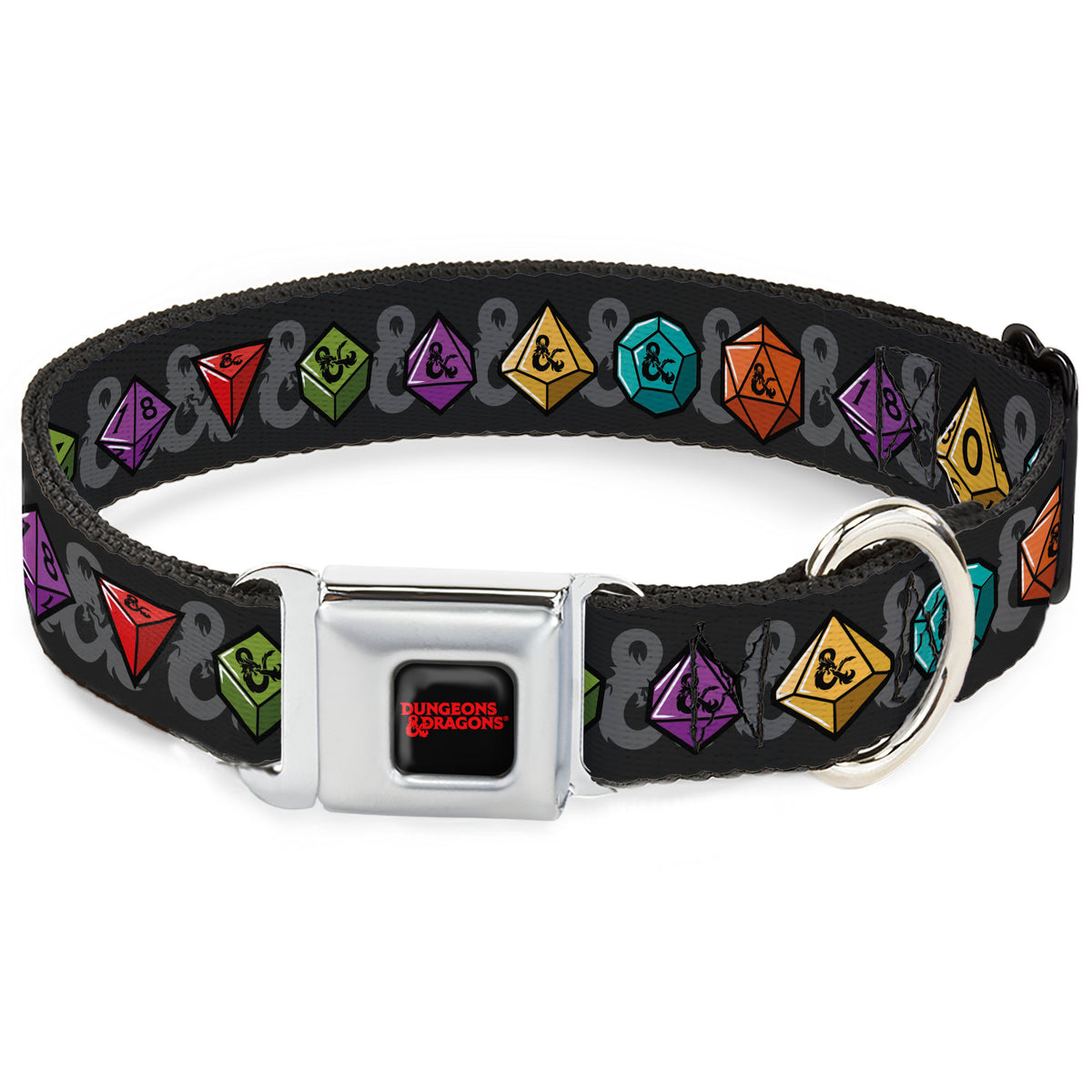 DUNGEONS & DRAGONS Text Logo Full Color Black/Red Seatbelt Buckle Collar - Dungeons & Dragons Dice and Ampersand Logo Dark Gray/Multi Color Dog Collars Seatbelt Buckle Dungeons & Dragons