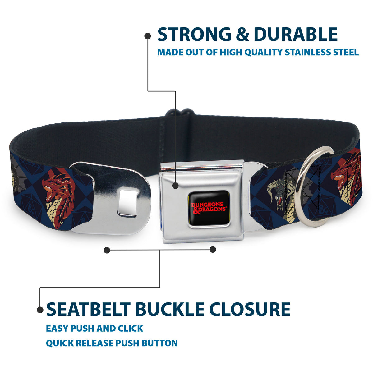 DUNGEONS & DRAGONS Text Logo Full Color Black/Red Seatbelt Buckle Collar - Dungeons & Dragons True Dragon Blocks Blues Dog Collars Seatbelt Buckle Dungeons & Dragons