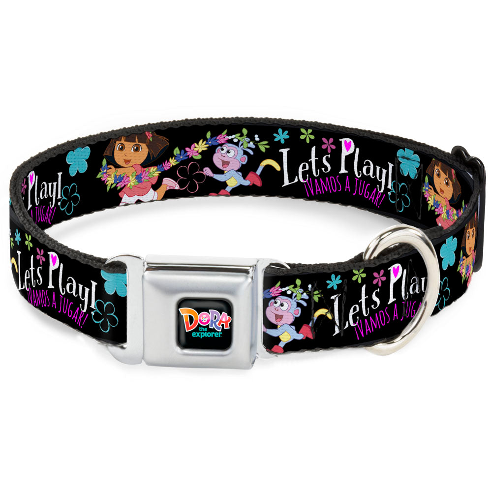 DORA THE EXPORER Logo2 Black/Multi Color Seatbelt Buckle Collar - Dora & Boots Pose/Floral LET'S PLAY!/VAMOS A JUGAR! Black/White/Multi Color Seatbelt Buckle Collars Dora the Explorer