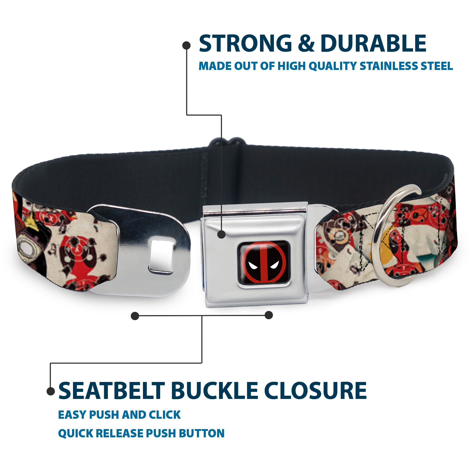 MARVEL DEADPOOL Deadpool Logo Full Color Black Red White Seatbelt Buckle Collar - Deadpool Shooting/Targets Seatbelt Buckle Collars Marvel Comics
