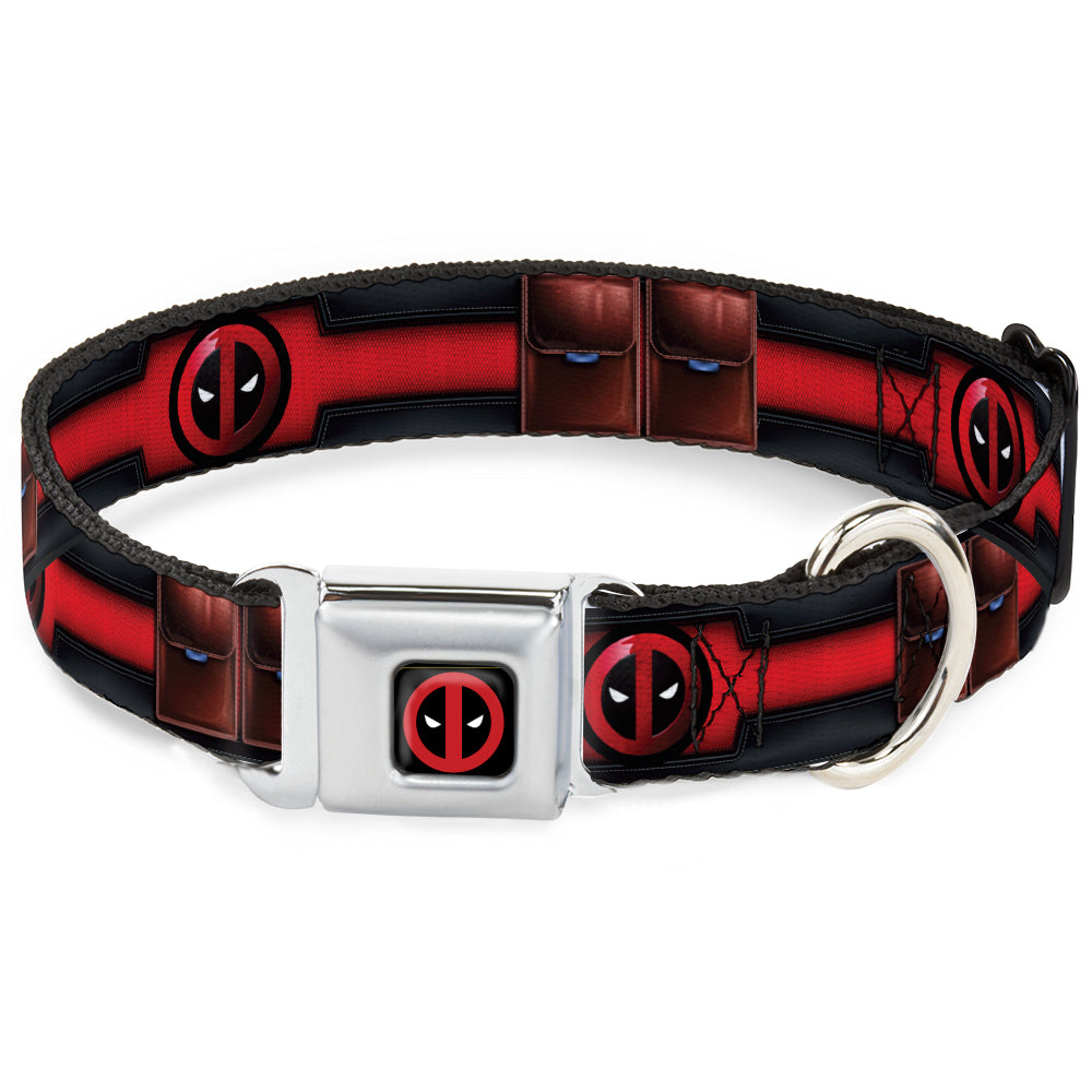 Deadpool Logo CLOSE-UP Black/Red/White Seatbelt Buckle Collar - Deadpool Utility Belt Logo/Pockets Black/Reds/Browns Seatbelt Buckle Collars Marvel Comics