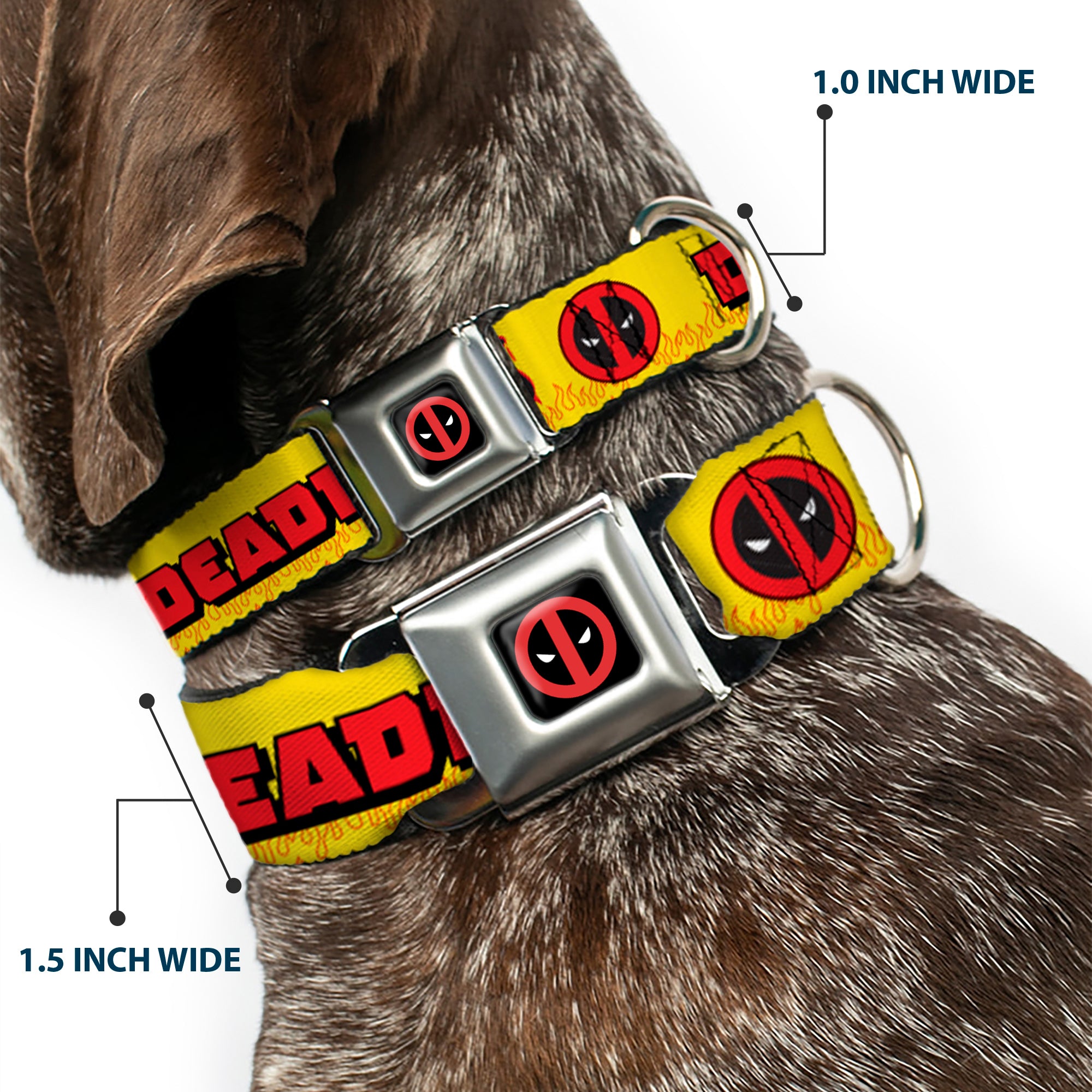 Deadpool Logo CLOSE-UP Full Color Black/Red/White Seatbelt Buckle Collar - DEADPOOL'S CHIMICHANGAS Flames Yellow/Black/Red Seatbelt Buckle Collars Marvel Comics