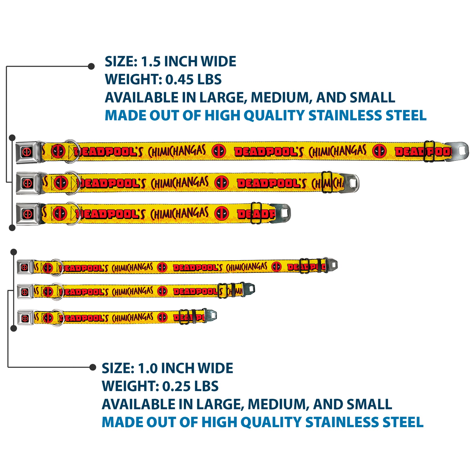 Deadpool Logo CLOSE-UP Full Color Black/Red/White Seatbelt Buckle Collar - DEADPOOL'S CHIMICHANGAS Flames Yellow/Black/Red Seatbelt Buckle Collars Marvel Comics