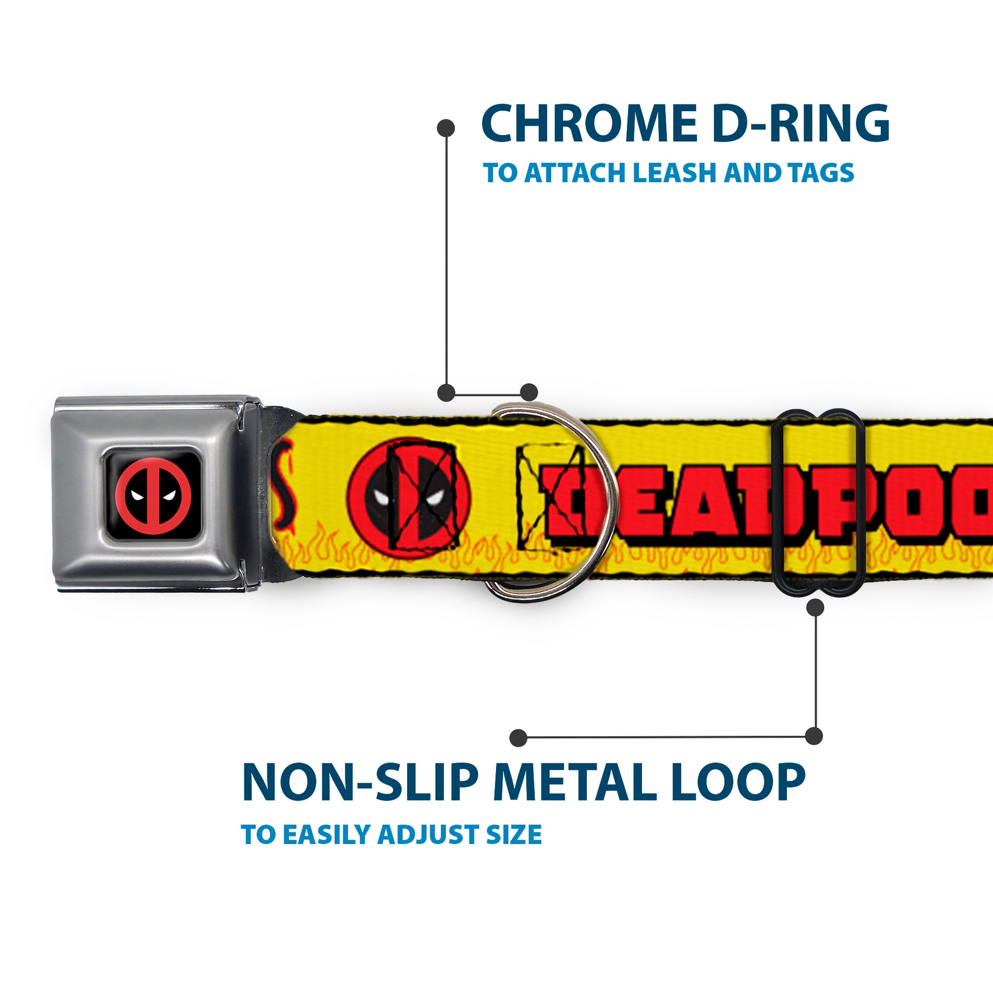 Deadpool Logo CLOSE-UP Full Color Black/Red/White Seatbelt Buckle Collar - DEADPOOL'S CHIMICHANGAS Flames Yellow/Black/Red Seatbelt Buckle Collars Marvel Comics