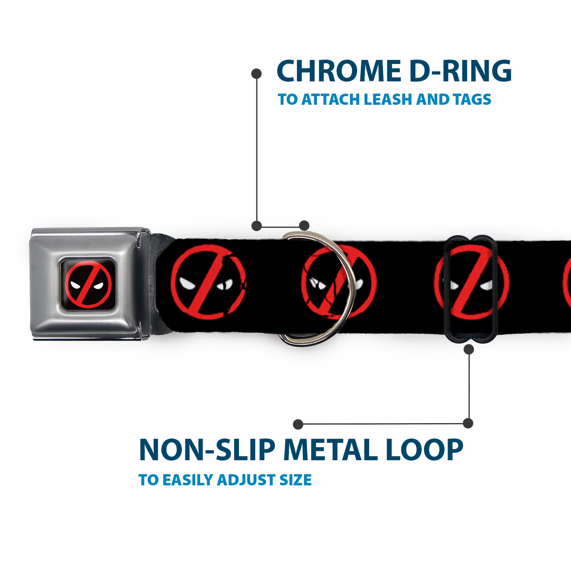 Deadpool Logo CLOSE-UP Black/Red/White Seatbelt Buckle Collar - Deadpool Logo2 Black/Red/White Seatbelt Buckle Collars Marvel Comics