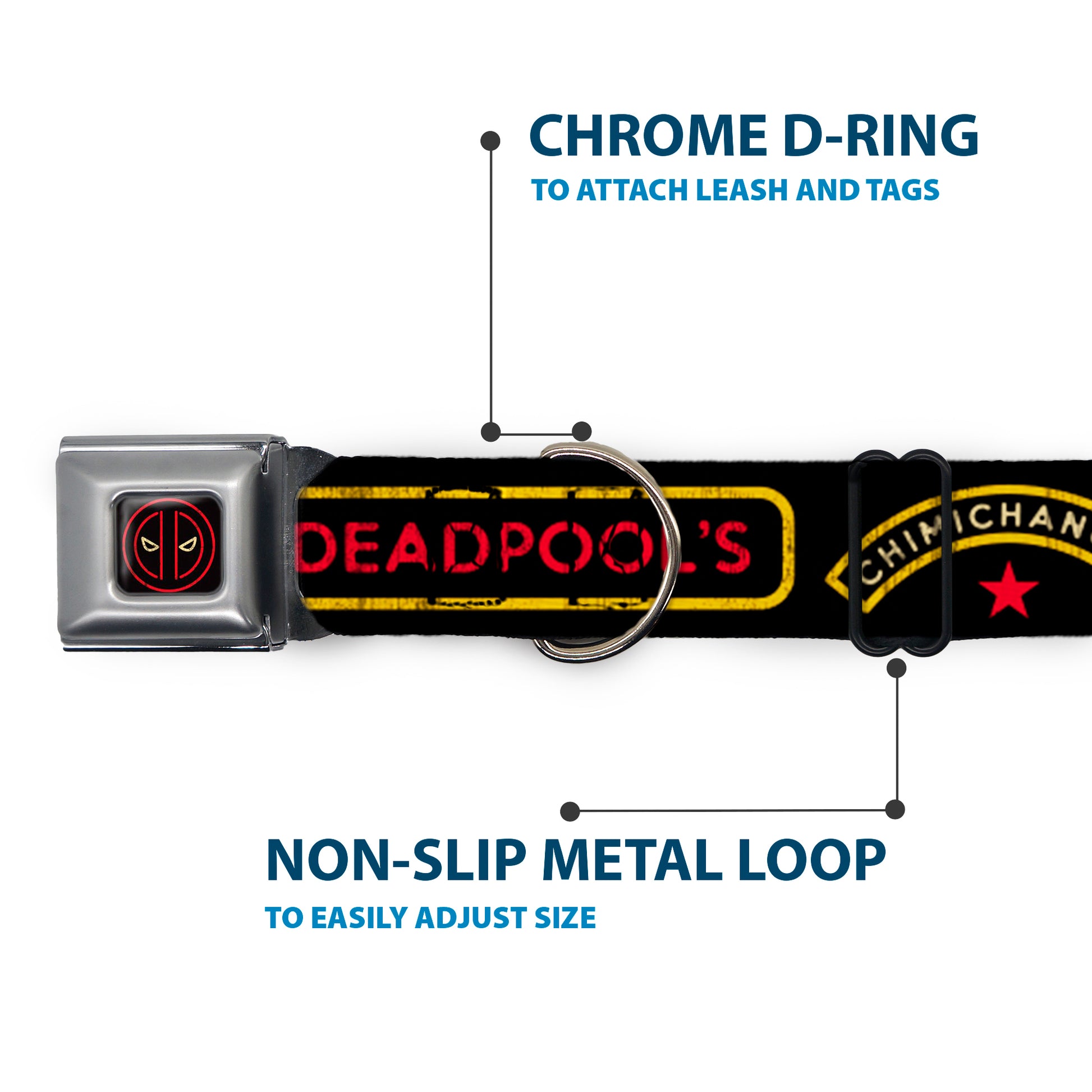 Deadpool Logo Outline Full Color Black/Red/White Seatbelt Buckle Collar - DEADPOOL'S CHIMICHANGAS and Logo Black/Gold/Red Seatbelt Buckle Collars Marvel Comics