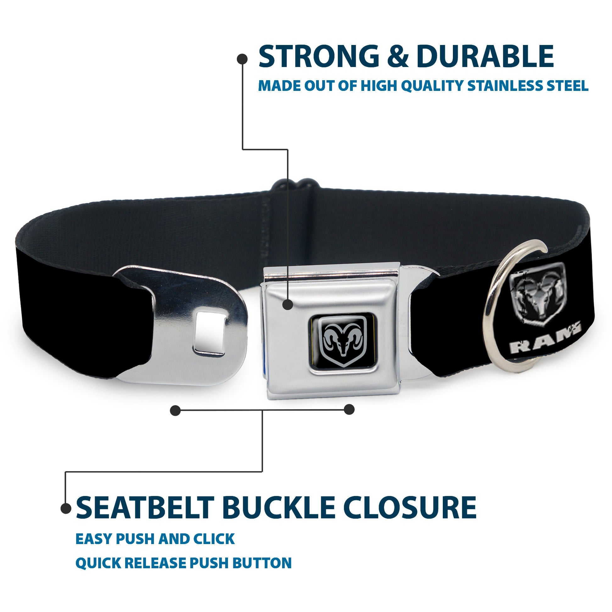 Ram Black/Silver Seatbelt Buckle Collar - Ram Black/Silver Logo REPEAT Seatbelt Buckle Collars Ram