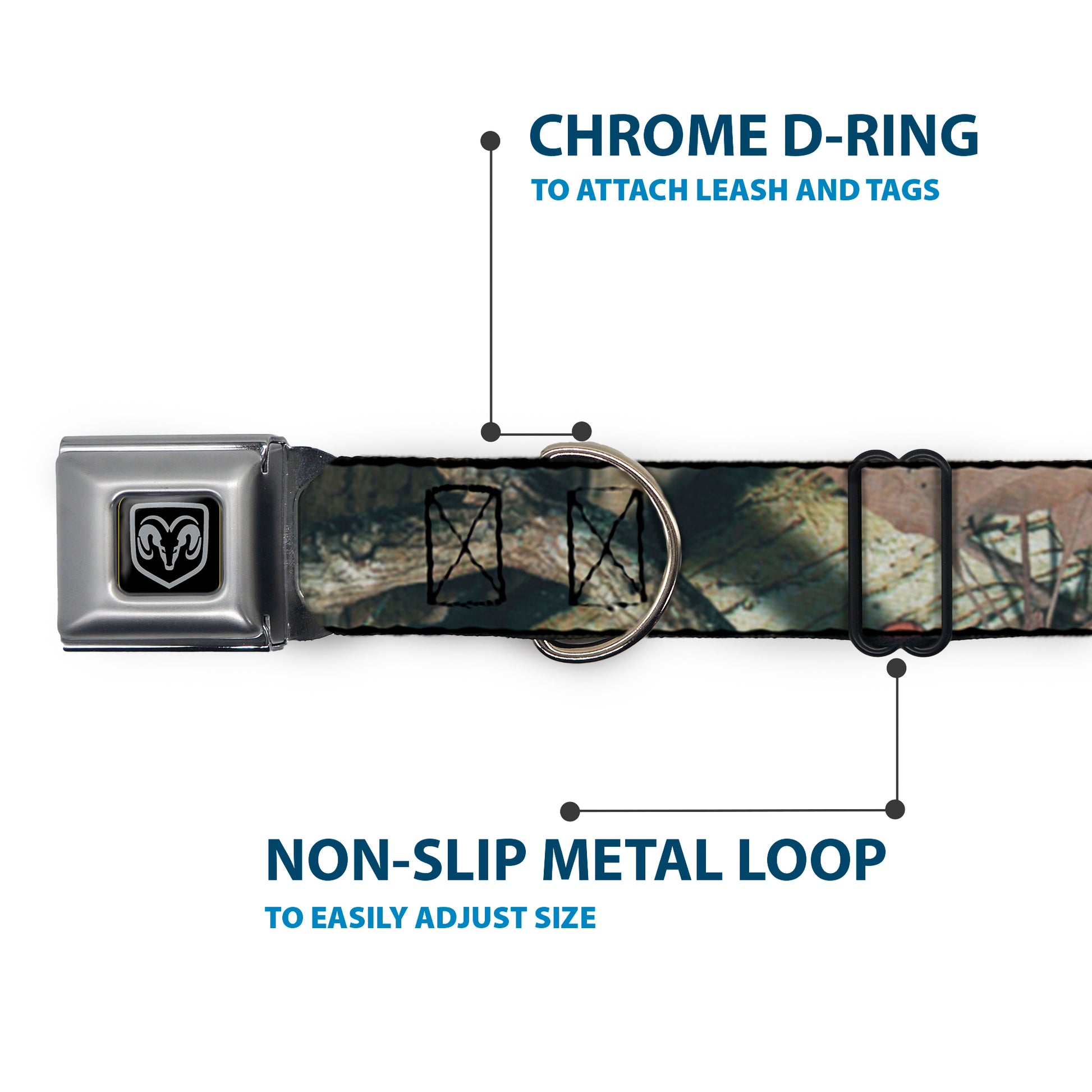 Ram Black/Silver Seatbelt Buckle Collar - Mossy Oak Break-Up Infinity Seatbelt Buckle Collars Ram/Mossy Oak