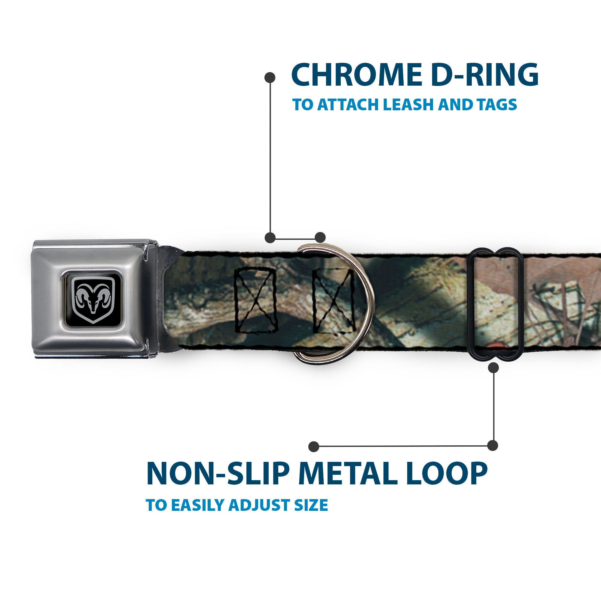 Ram Black/Silver Seatbelt Buckle Collar - Mossy Oak Break-Up Infinity Seatbelt Buckle Collars Ram/Mossy Oak
