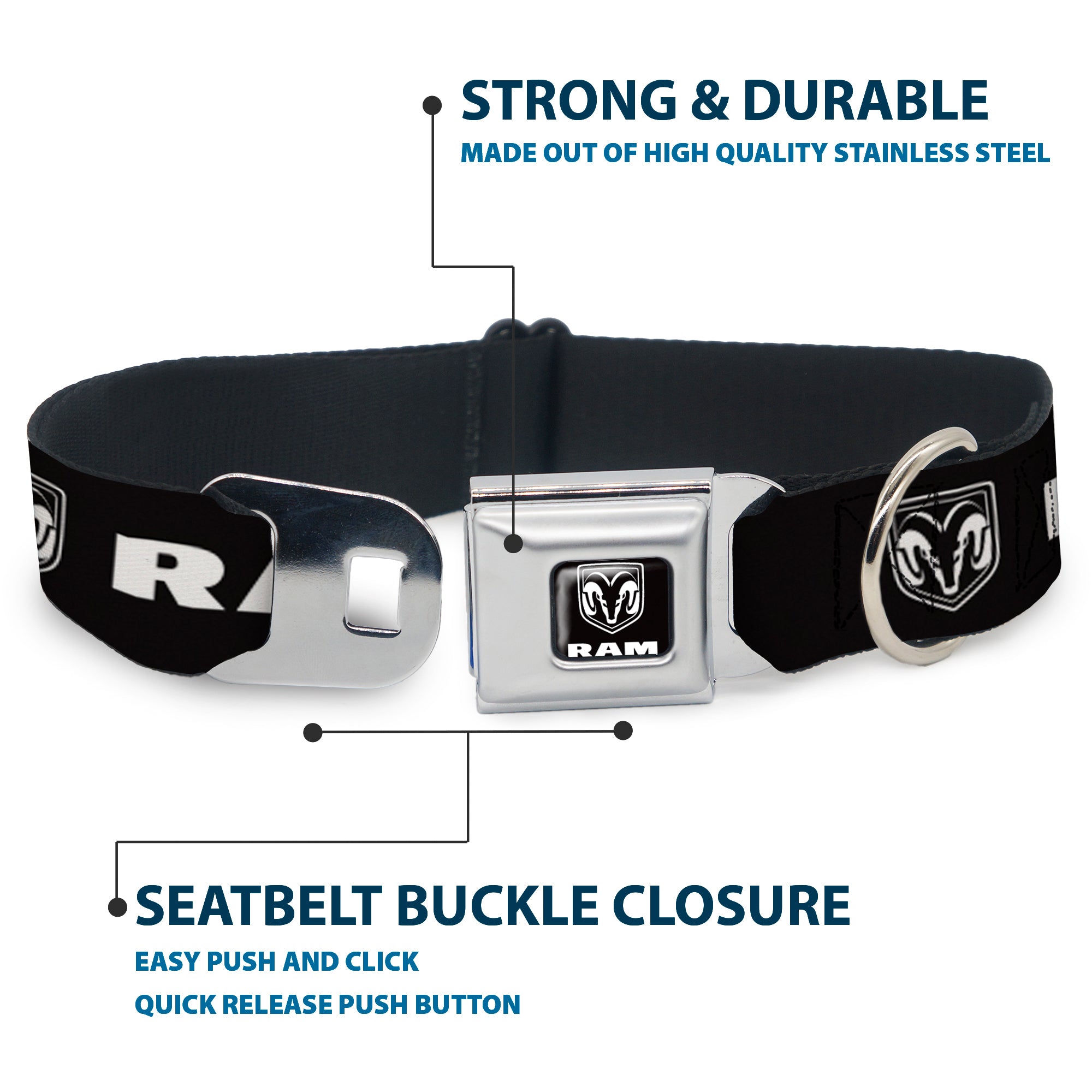Ram Shield Logo Full Color Black/White Seatbelt Buckle Collar - RAM Shield Logo/Bold Text Black/White Seatbelt Buckle Collars Dodge